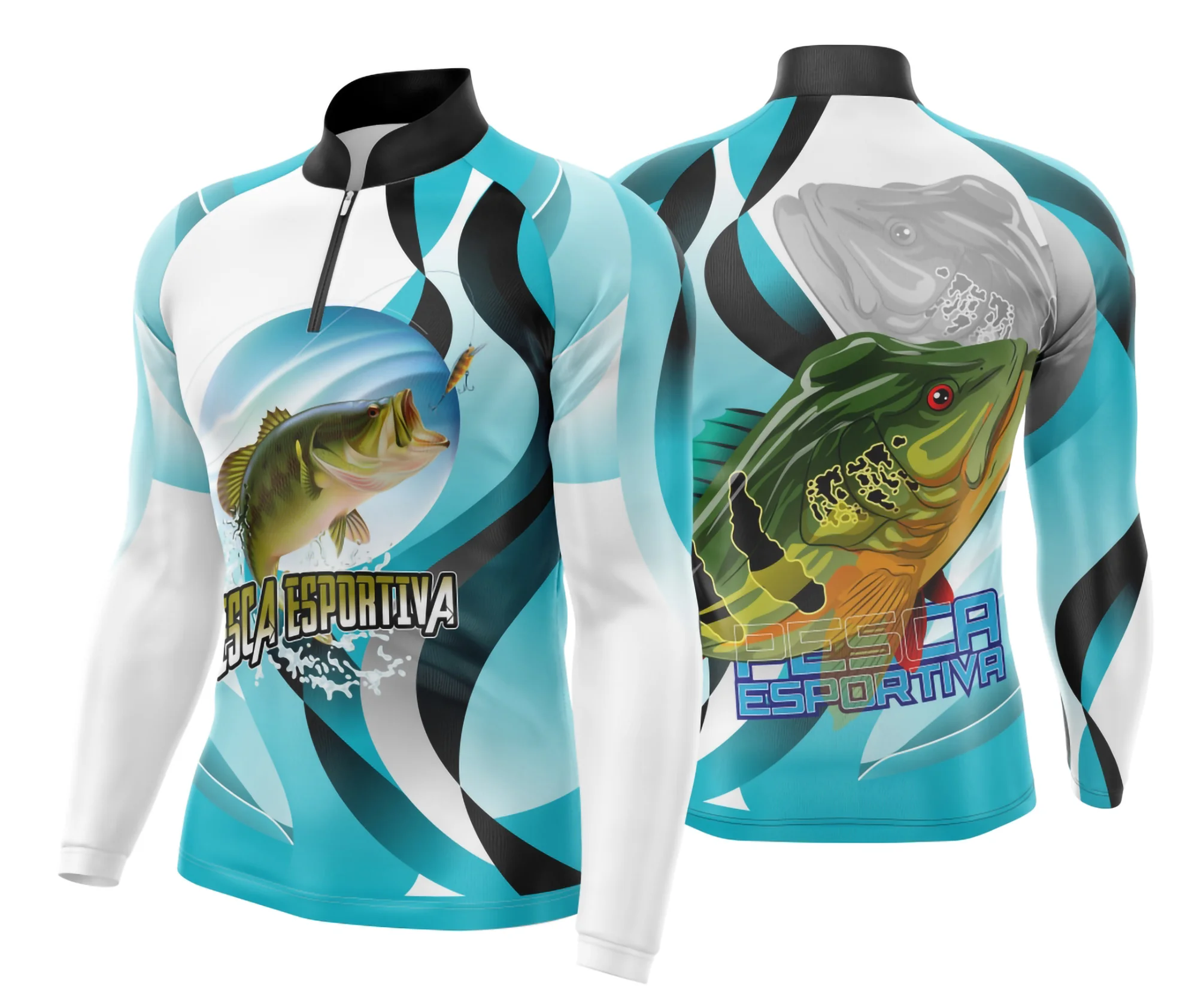 Camiseta unissex preta com logo no peito e estampa grande nas costas, tema pesca fishing esportiva, ideal para momentos ao ar livre e esportes de pesca.