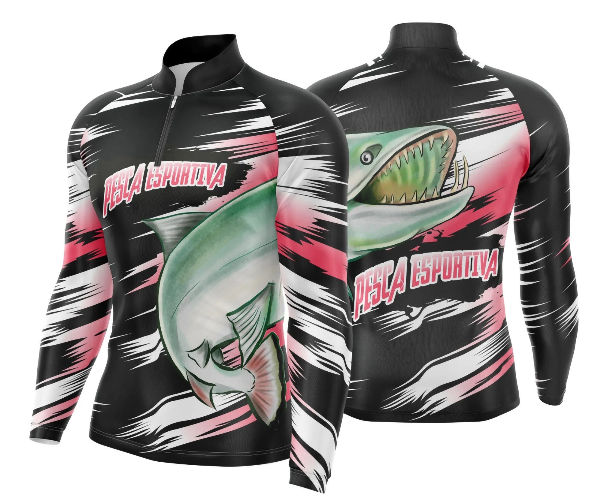 Camiseta unissex preta com logo no peito e estampa grande nas costas mostrando tema pesca fishing esportiva, ideal para amantes da natureza e esportes ao ar livre.