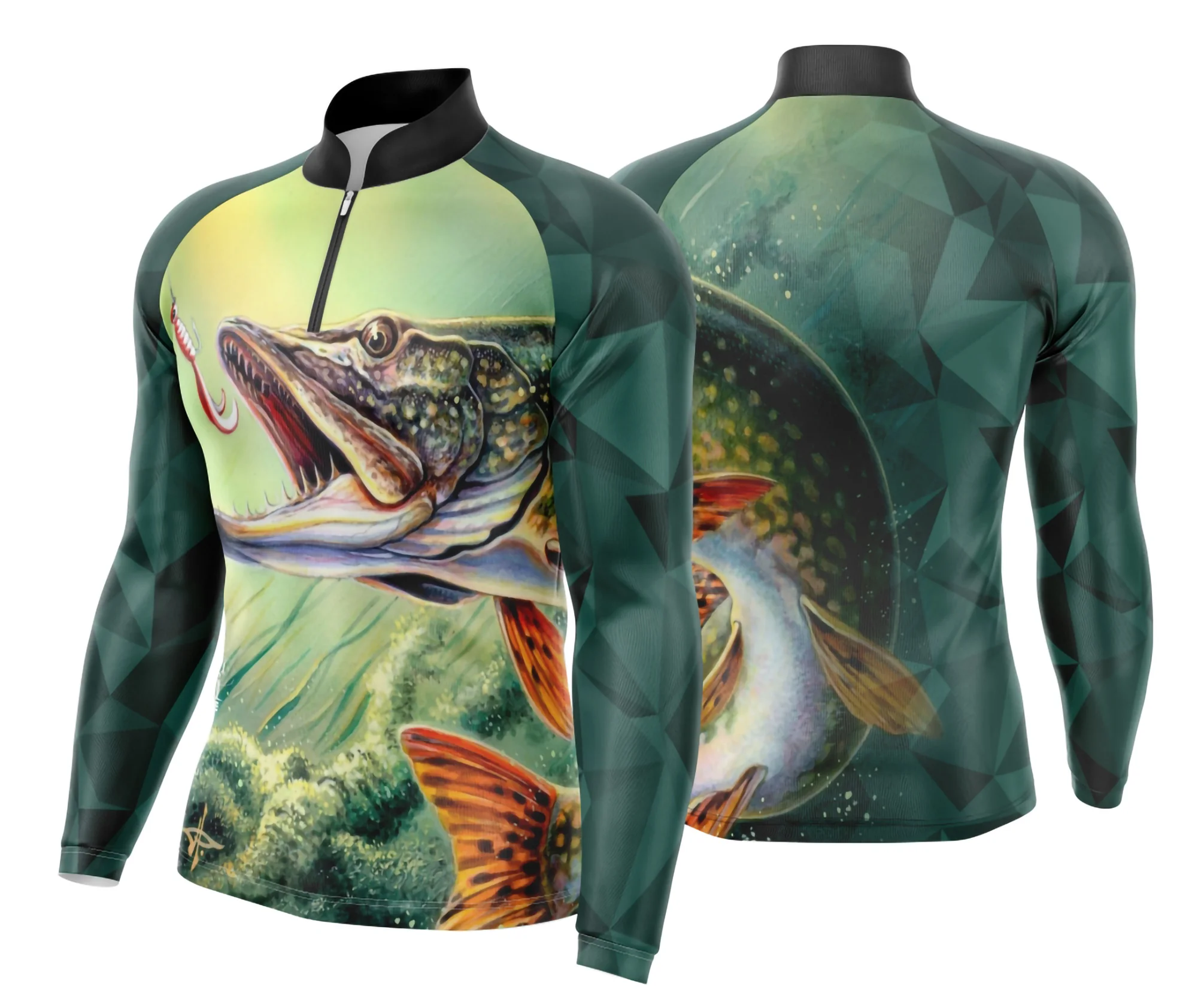 Camiseta unissex preta com logo no peito e estampa grande nas costas, tema pesca fishing esportiva, estilo casual para momentos de lazer ao ar livre.