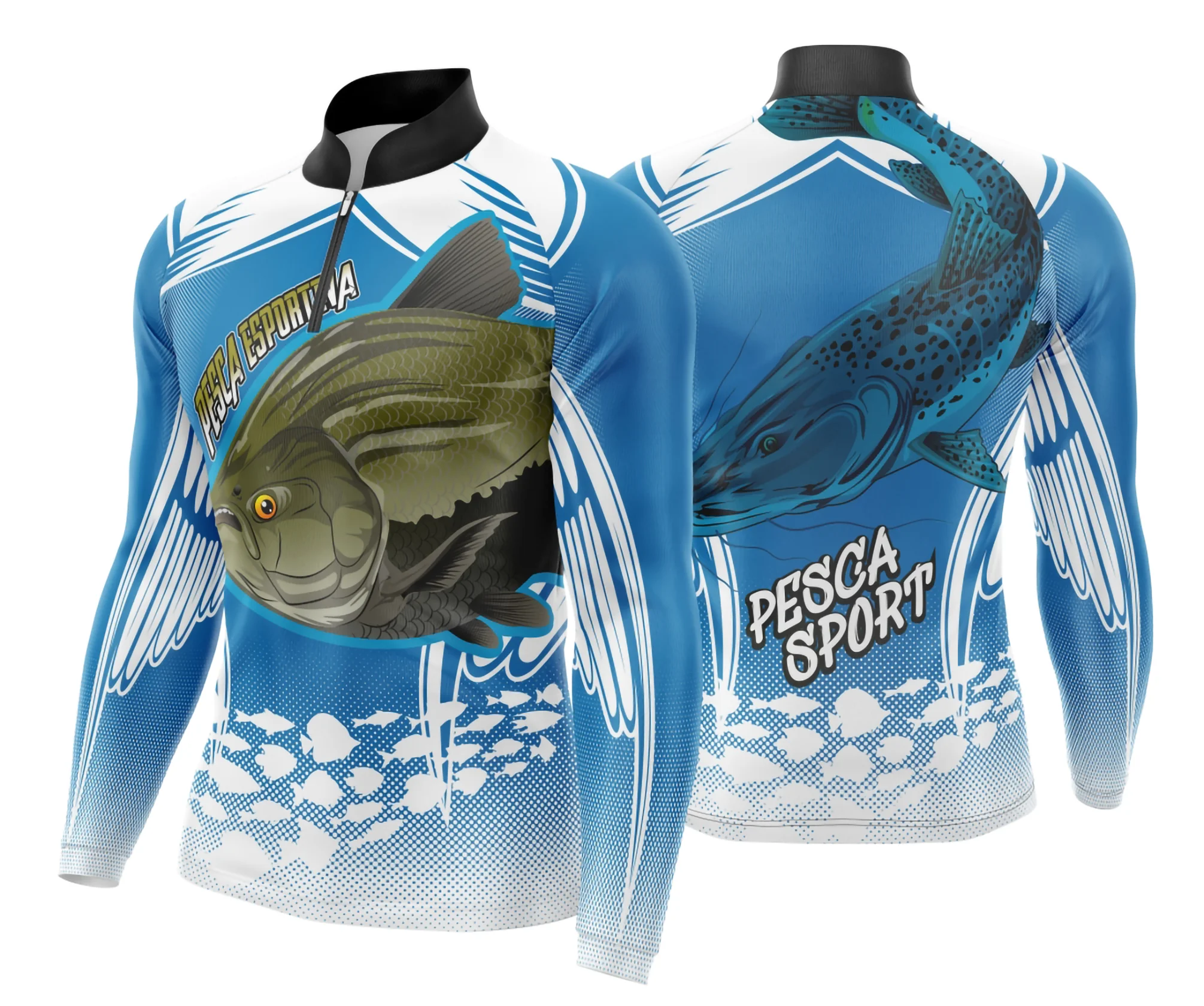 Camiseta preta unissex com logo no peito e estampa grande nas costas, tema Pesca Fishing Esportiva, perfeita para quem ama o esporte e busca estilo.