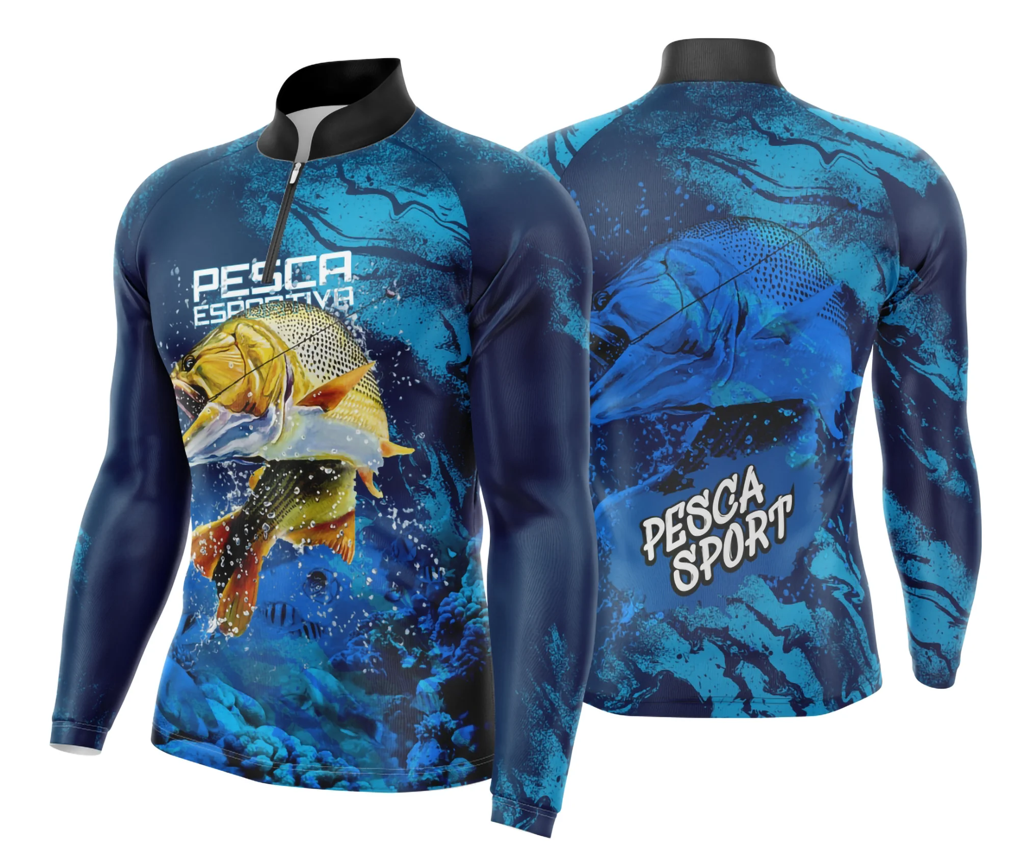 Camiseta unissex preta com logo no peito e estampa grande nas costas típica de pesca esportiva, estilo moderno e confortável, ideal para amantes de fishing.