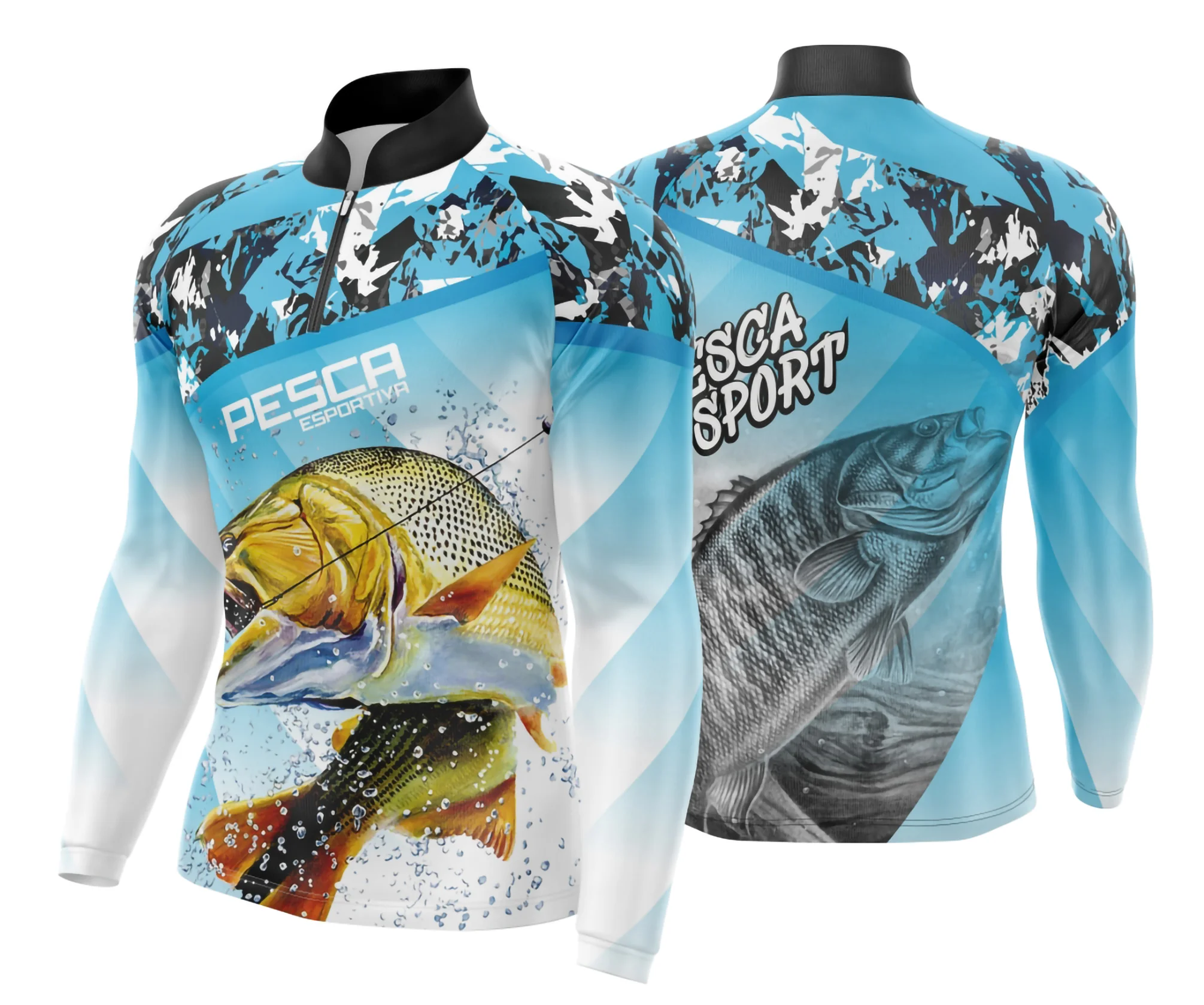 Camiseta unissex preta com logo no peito e estampa grande nas costas com tema de pesca esportiva, ideal para quem curte pesca com estilo e conforto.