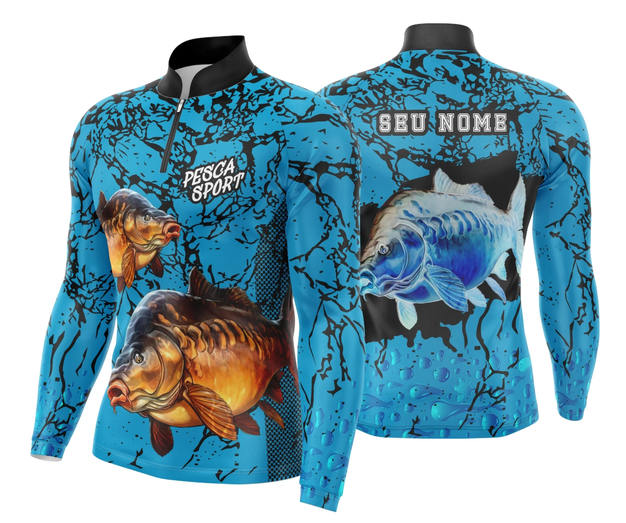 Camiseta preta unissex com logo no peito e estampa grande nas costas com tema de pesca esportiva, ideal para amantes do Fishing