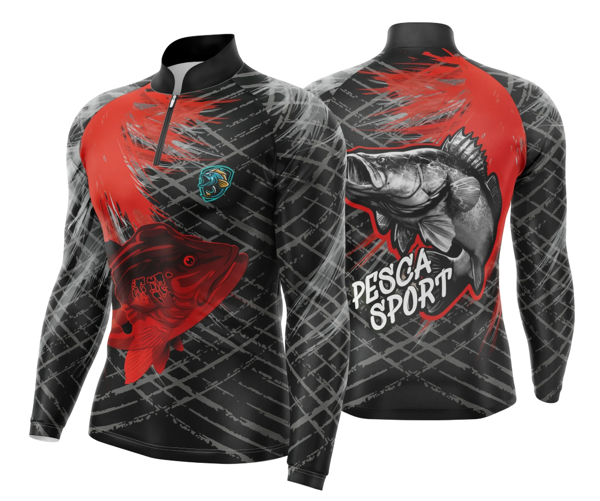 Camiseta unissex preta com logo no peito e estampa grande nas costas mostrando tema de pesca esportiva em design moderno e impactante.