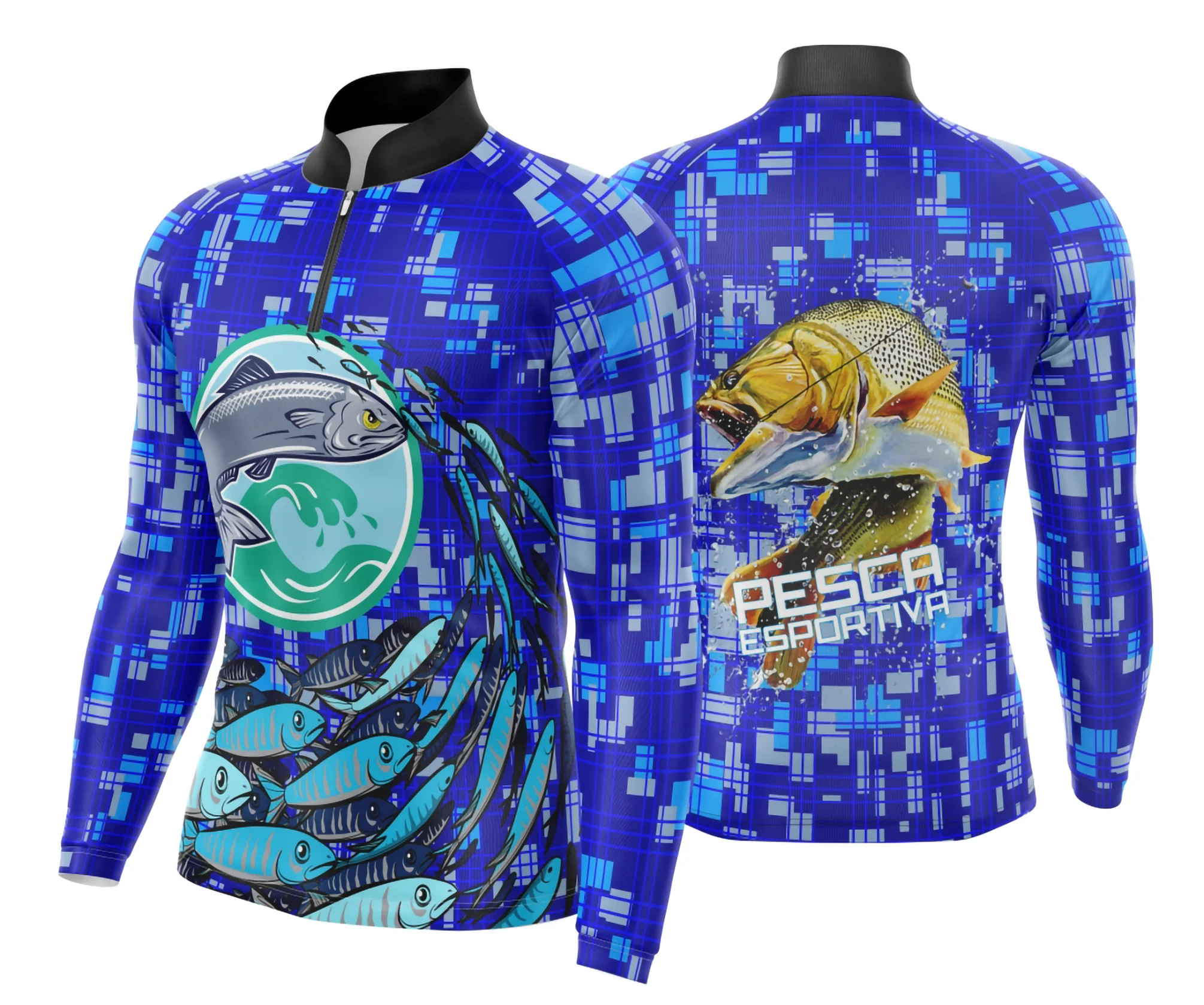 Camiseta unissex preta com logo no peito e estampa grande nas costas com tema Pesca Fishing Esportiva, ideal para momentos de lazer ao ar livre