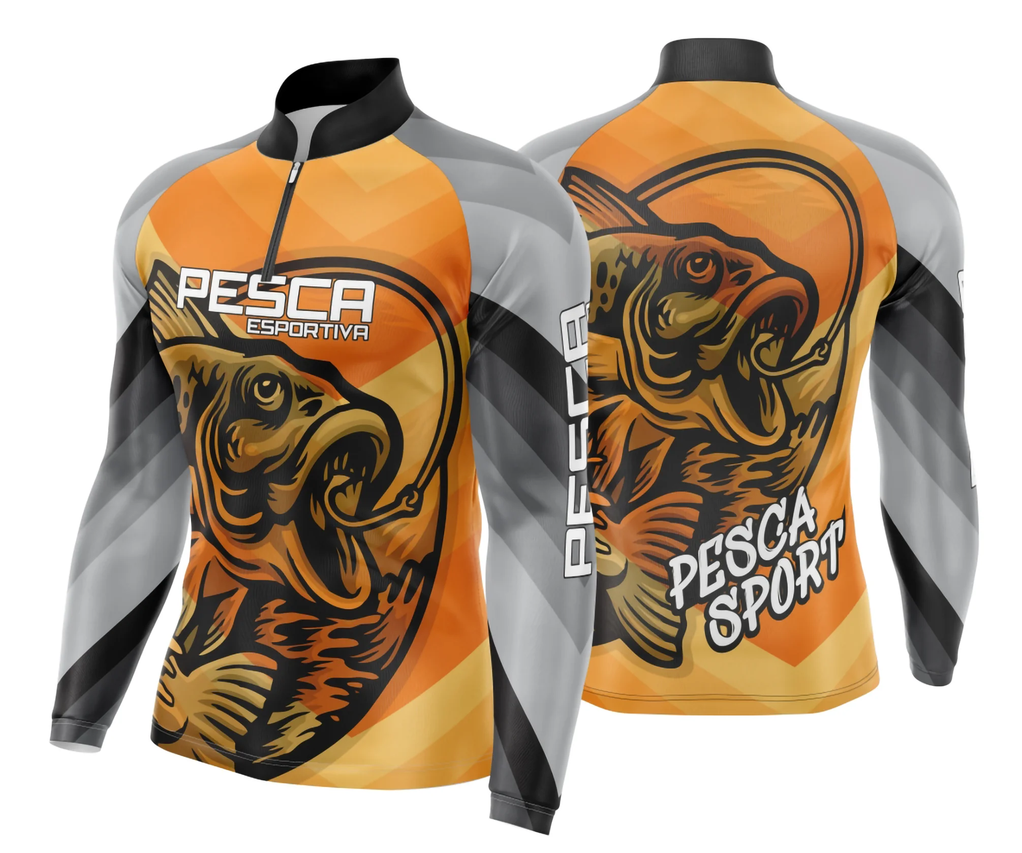 Camiseta unissex preta com logo no peito e estampa grande nas costas com tema de pesca esportiva, ideal para fãs de pesca e atividades ao ar livre.