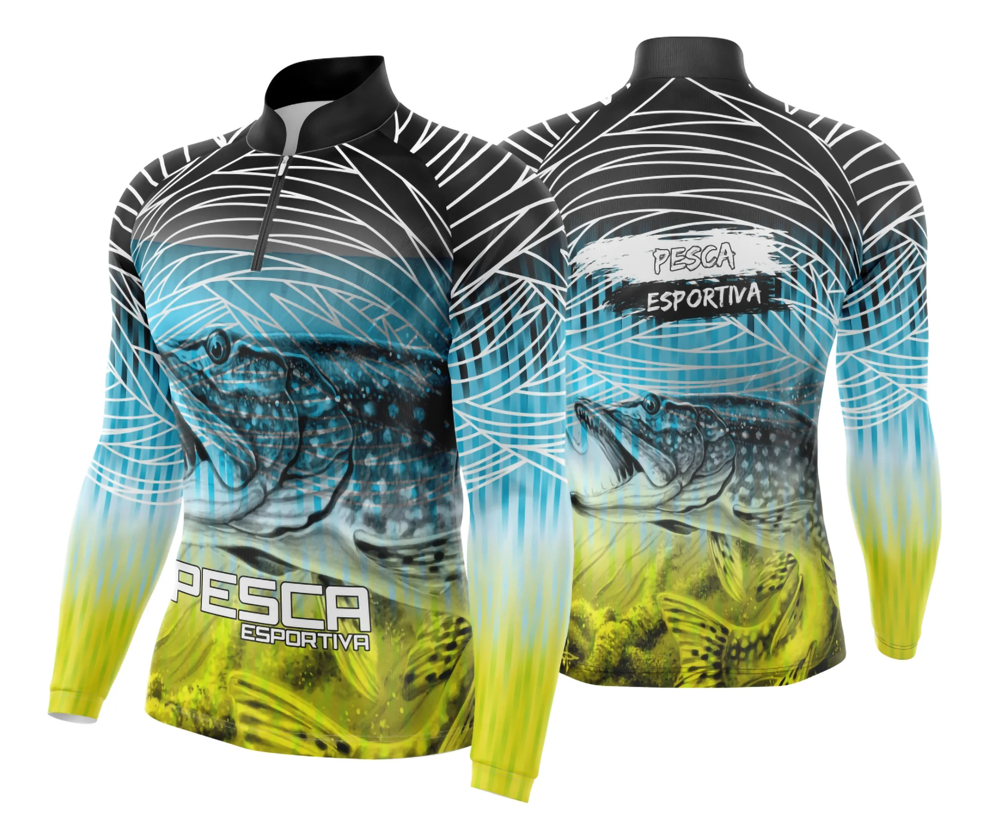 Camiseta unissex preta com logo no peito e estampa grande nas costas com tema Pesca Fishing Esportiva, perfeita para amantes do esporte, com acabamento confortável e design moderno.