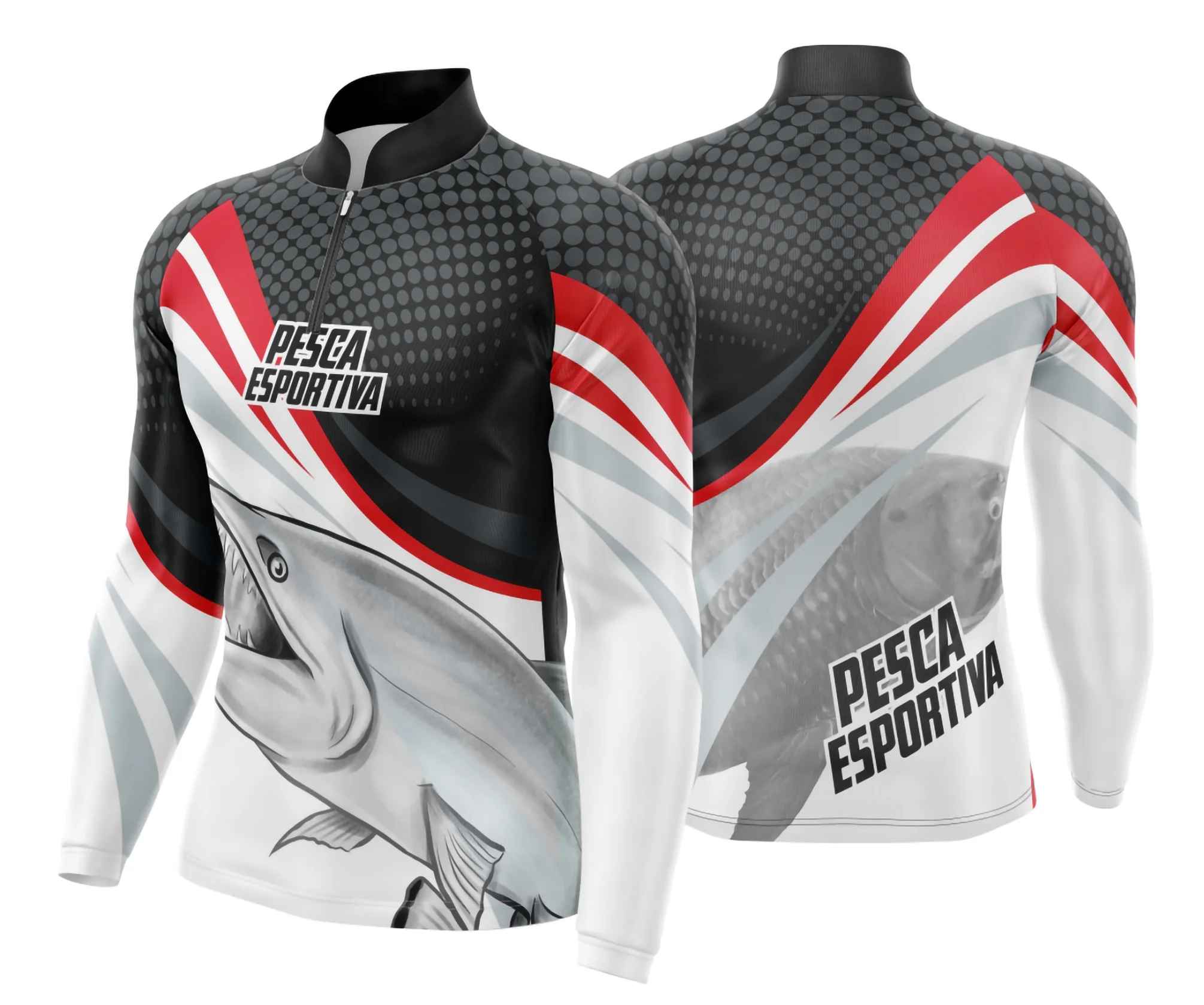 Camiseta preta unissex com logo no peito e estampa grande nas costas com tema de pesca esportiva, design moderno e visual atraente para amantes do esporte.