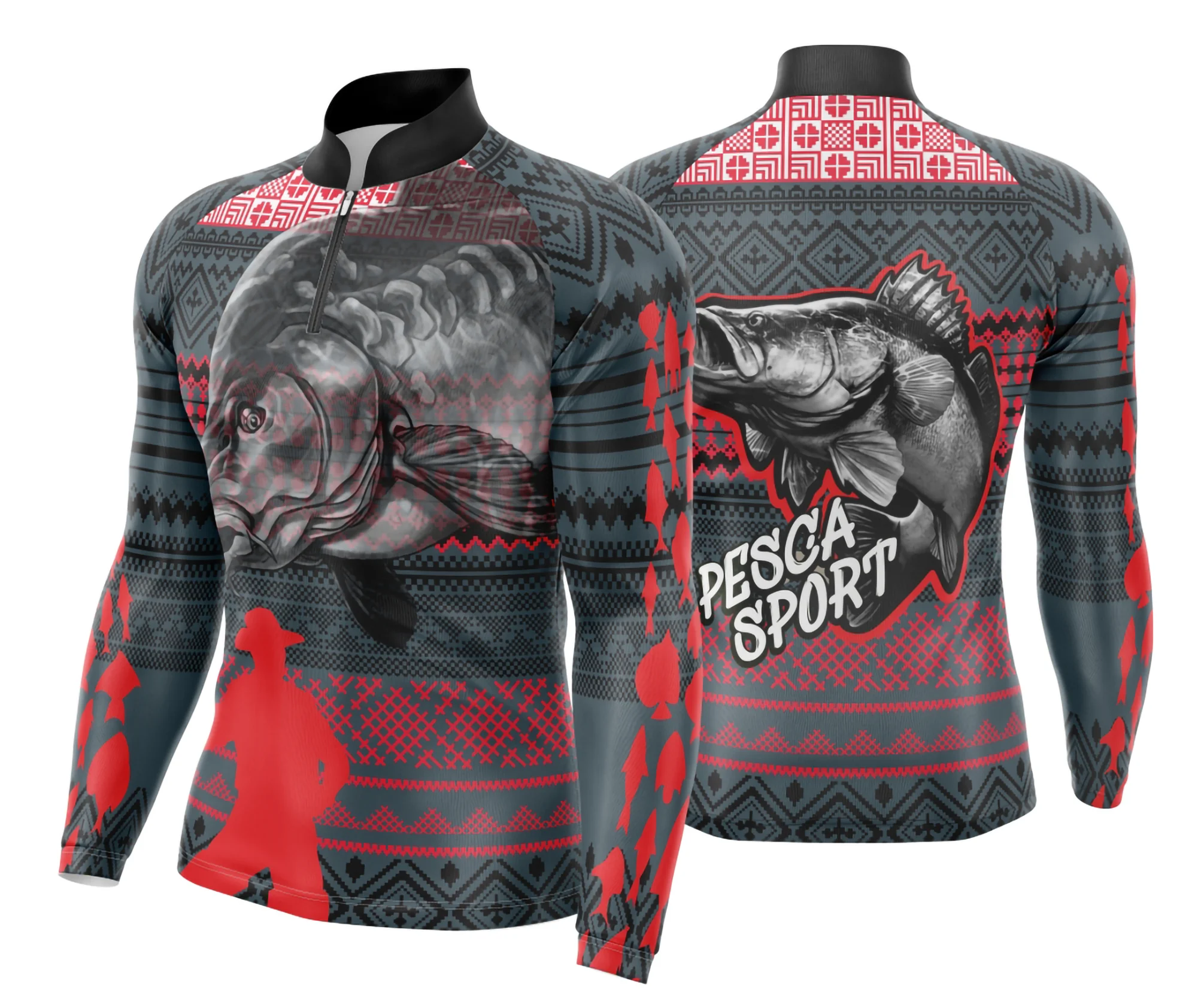 Camiseta unissex preta com logo no peito e estampa grande nas costas mostrando tema pesca fishing esportiva, ideal para amantes da pesca em estilo casual.