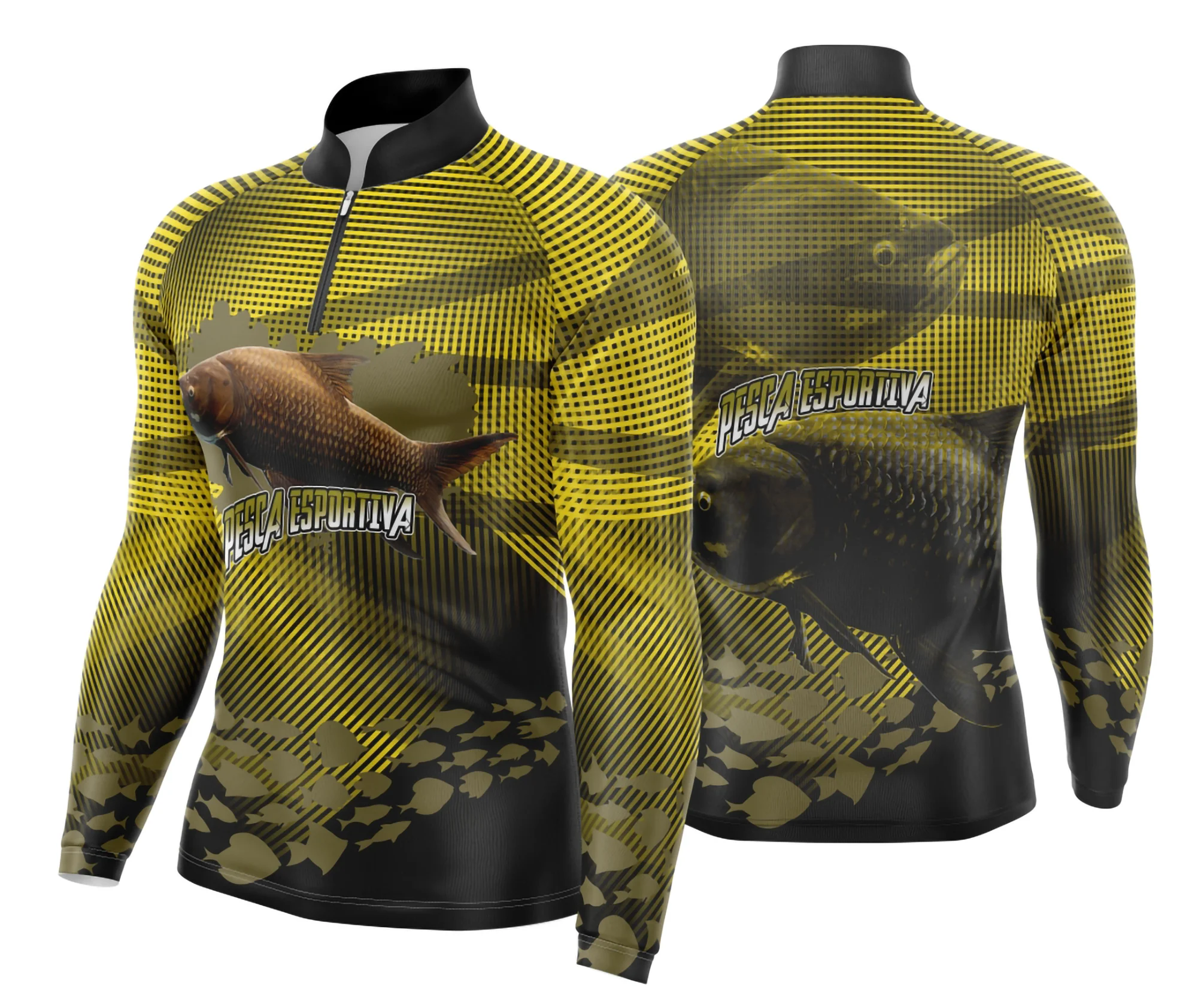 Camiseta unissex preta com logo no peito e estampa grande nas costas com tema Pesca Fishing Esportiva, ideal para fãs de esportes ao ar livre.