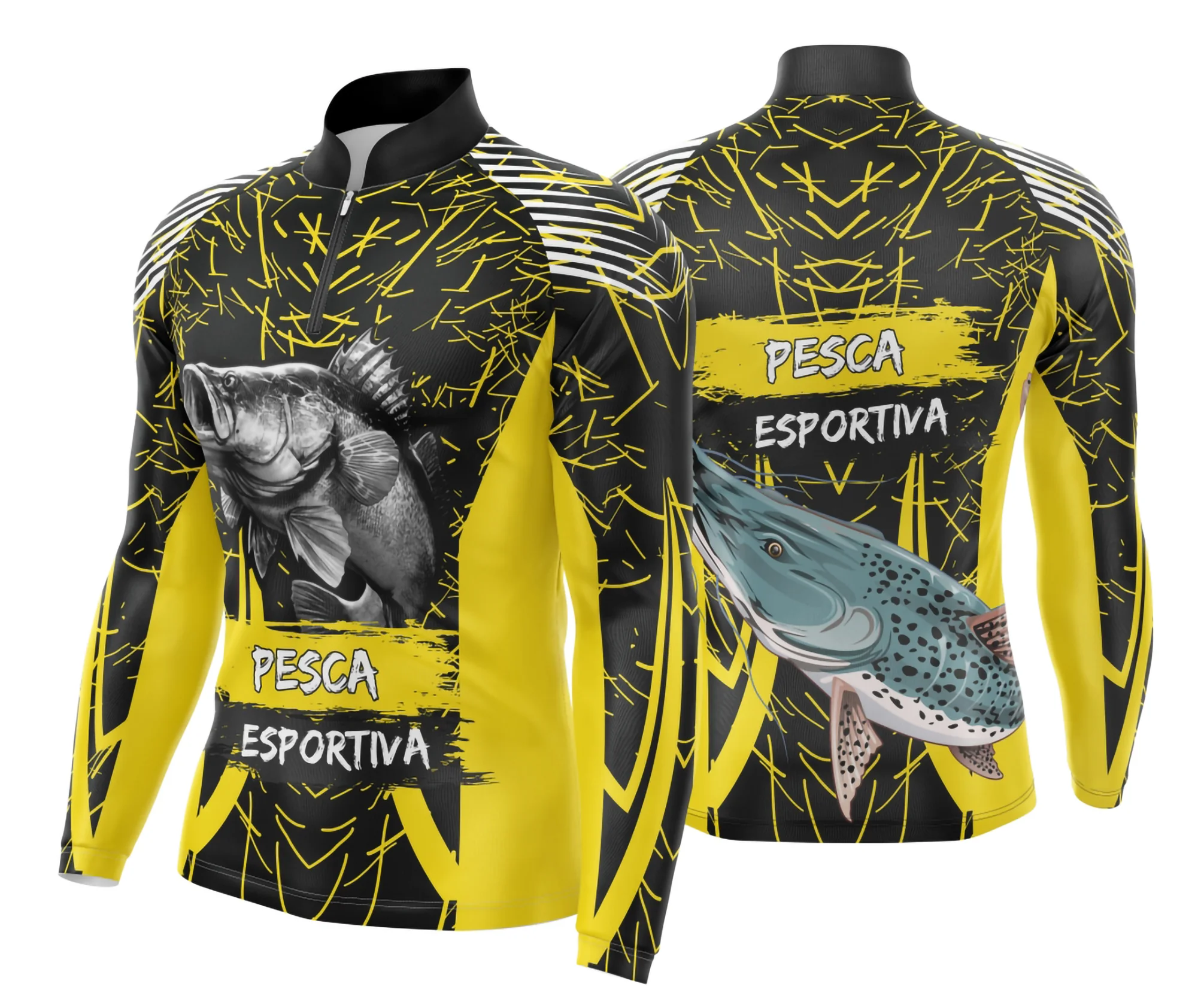 Camiseta preta unissex com logo no peito e estampa grande nas costas com tema Pesca Fishing Esportiva, ideal para quem ama atividades ao ar livre e estilo descontraído.