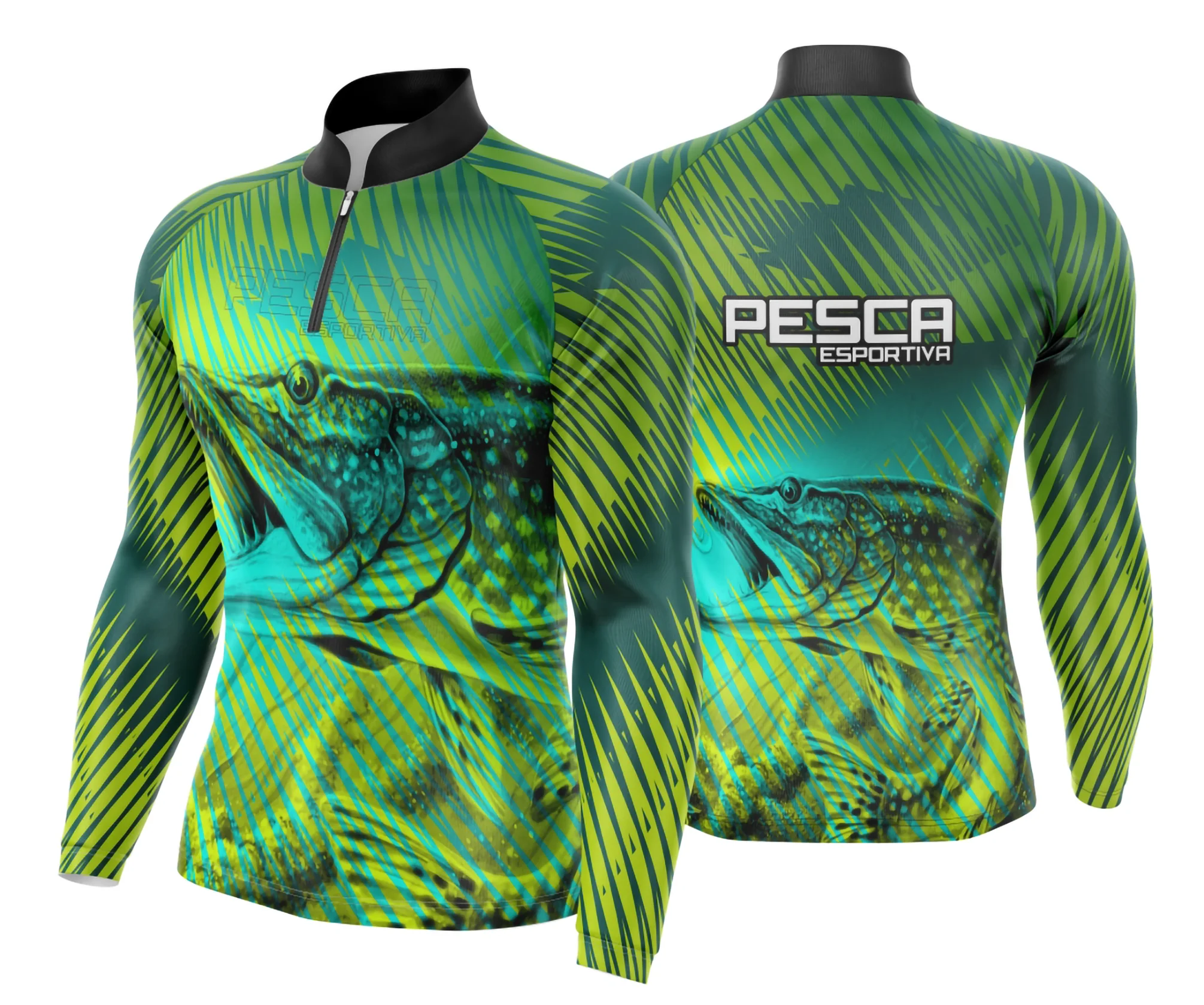 Camiseta unissex preta com logo no peito e estampa grande nas costas sobre pesca esportiva, estilo moderno e casual ideal para amantes da pesca de esporte.