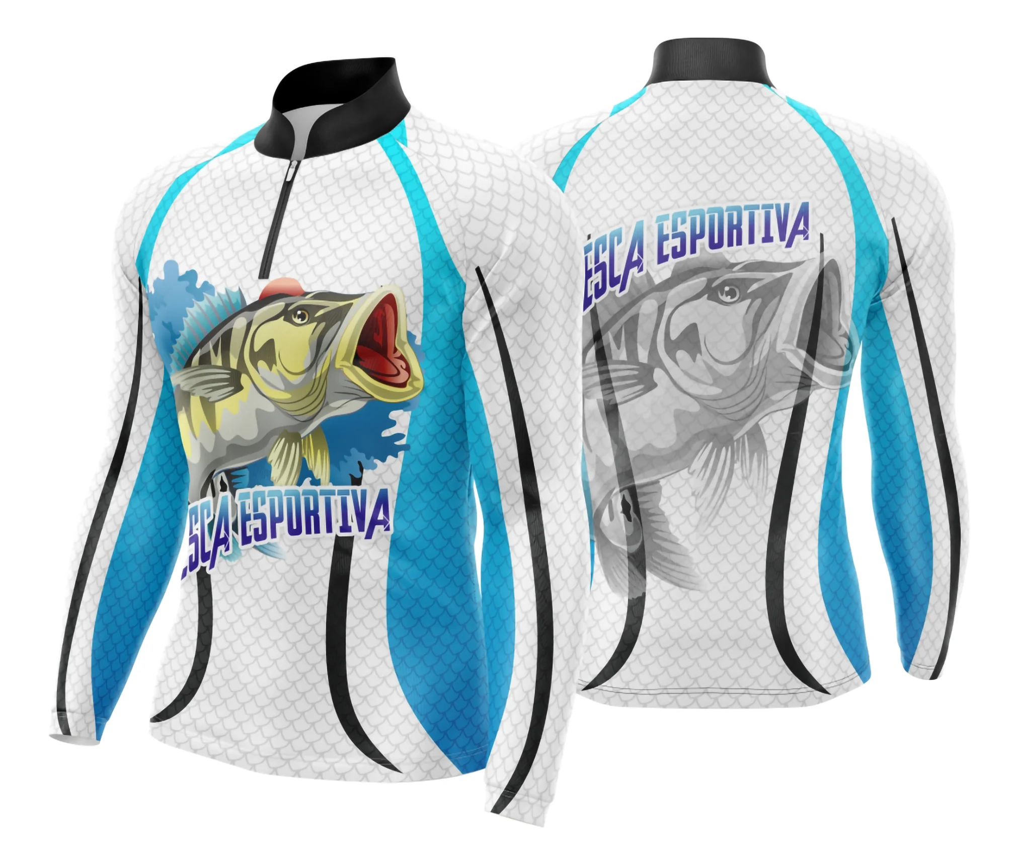 Camiseta unissex preta com logo no peito e estampa grande nas costas inspirada em pesca esportiva, ideal para amantes do fishing e aventuras ao ar livre.