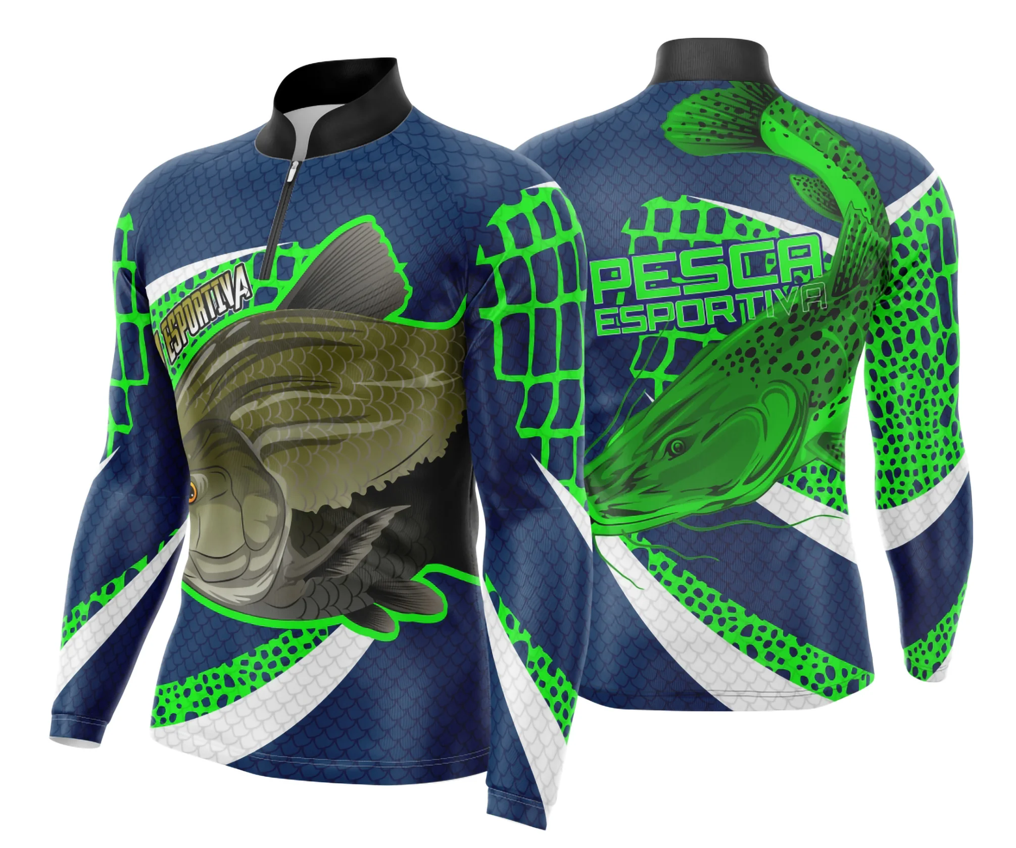 Camiseta unissex preta com logo no peito e estampa grande nas costas, tema Pesca Fishing Esportiva, ideal para quem adora esportes e vida ao ar livre.