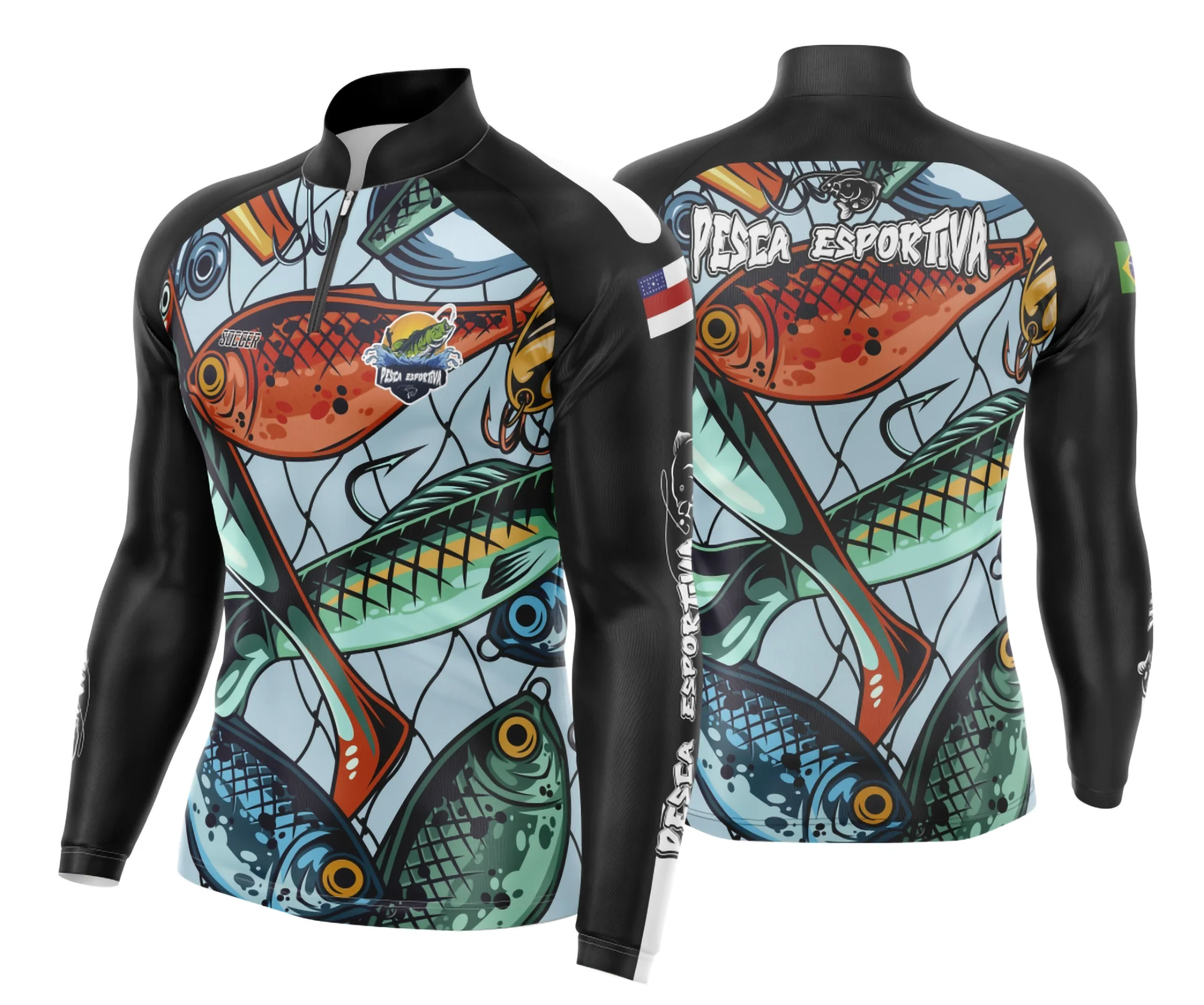 Camiseta unissex preta com logo no peito e estampa grande nas costas mostrando temática Pesca Fishing Iscas de Peixe, ideal para amantes da atividade ao ar livre e da pesca esportiva.