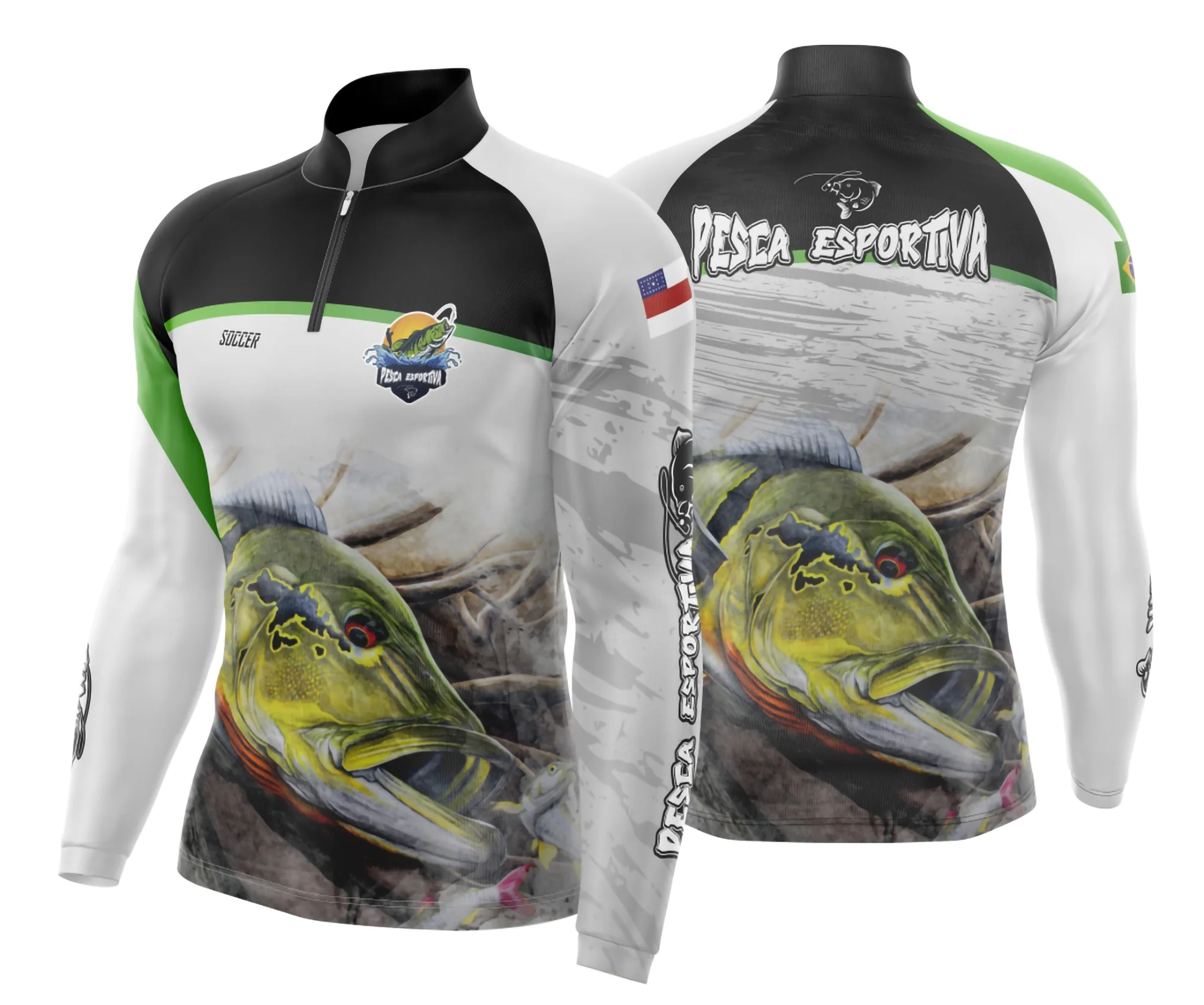 Camiseta unissex branca com logo no peito e estampa grande nas costas de pesca tucunaré, perfeita para amantes da pesca esportiva.