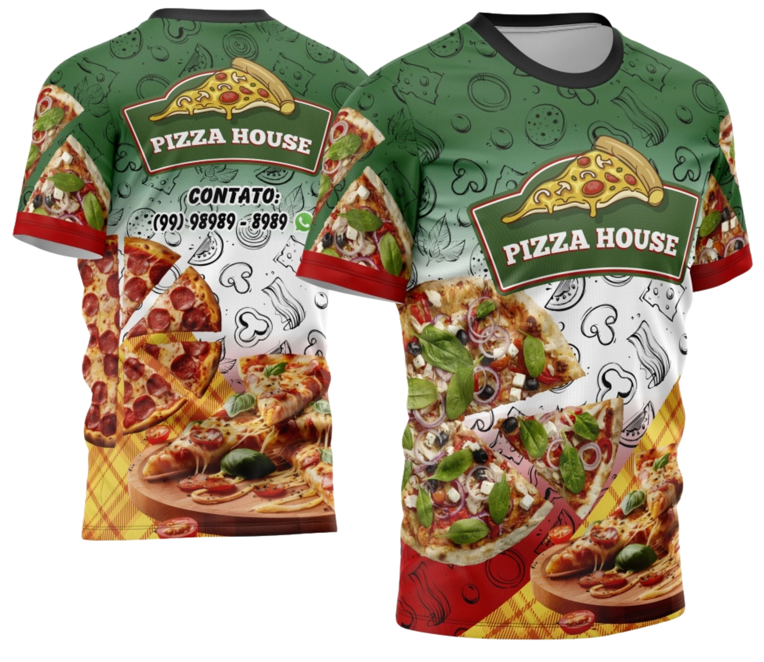 Camiseta unissex preta com logo no peito e estampa grande nas costas sobre o tema Pizzaria Profissão, ideal para fãs e profissionais da área, com visual moderno e atraente.