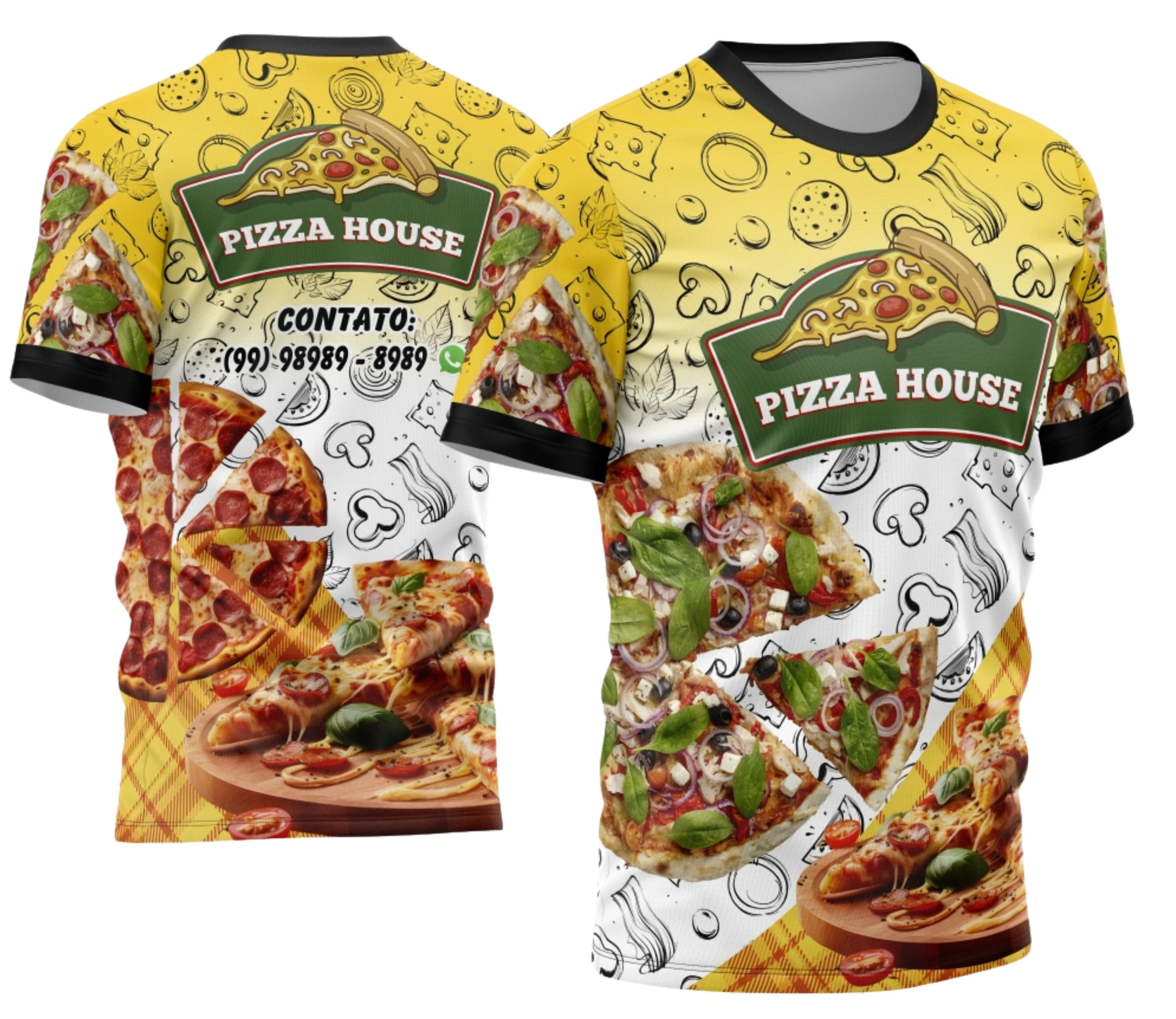 Camiseta unissex preta com logo no peito e estampa grande nas costas destacando a profissão de pizzaria, ideal para fãs e profissionais do ramo culinário.