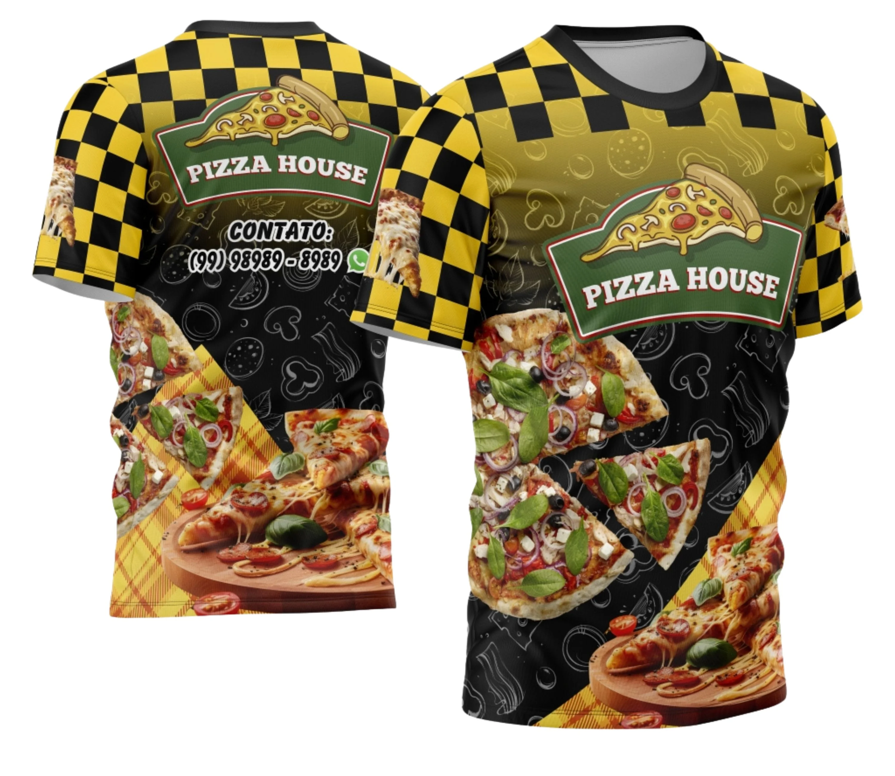 Camiseta unissex preta com logo no peito e estampa grande nas costas sobre o tema pizzaria profissão, ideal para quem gosta de destacar sua paixão pela cozinha em um visual moderno.