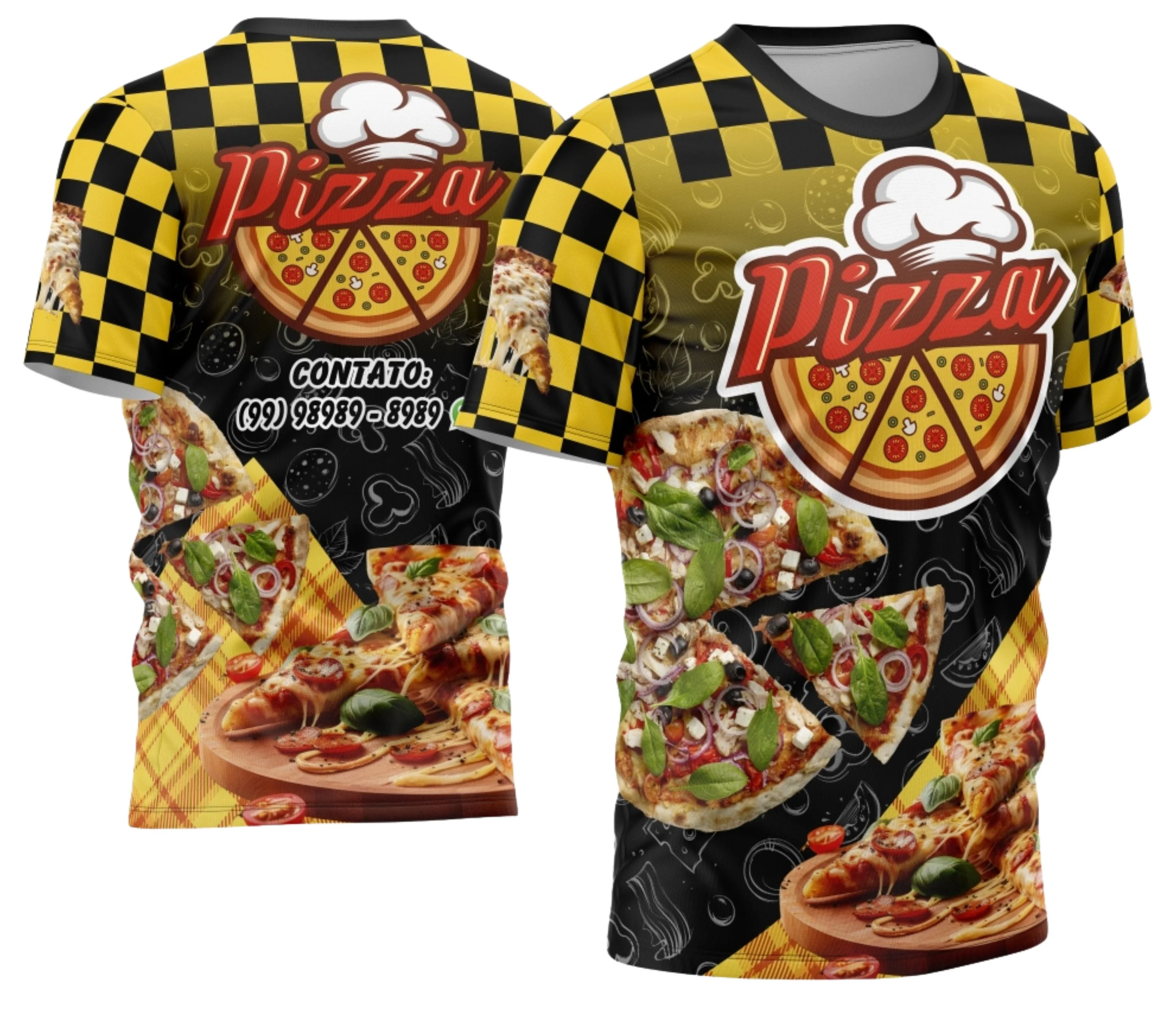 Camiseta unissex preta com logo no peito e estampa grande nas costas temática de pizzaria profissão, ideal para amantes da pizza e profissionais do ramo.