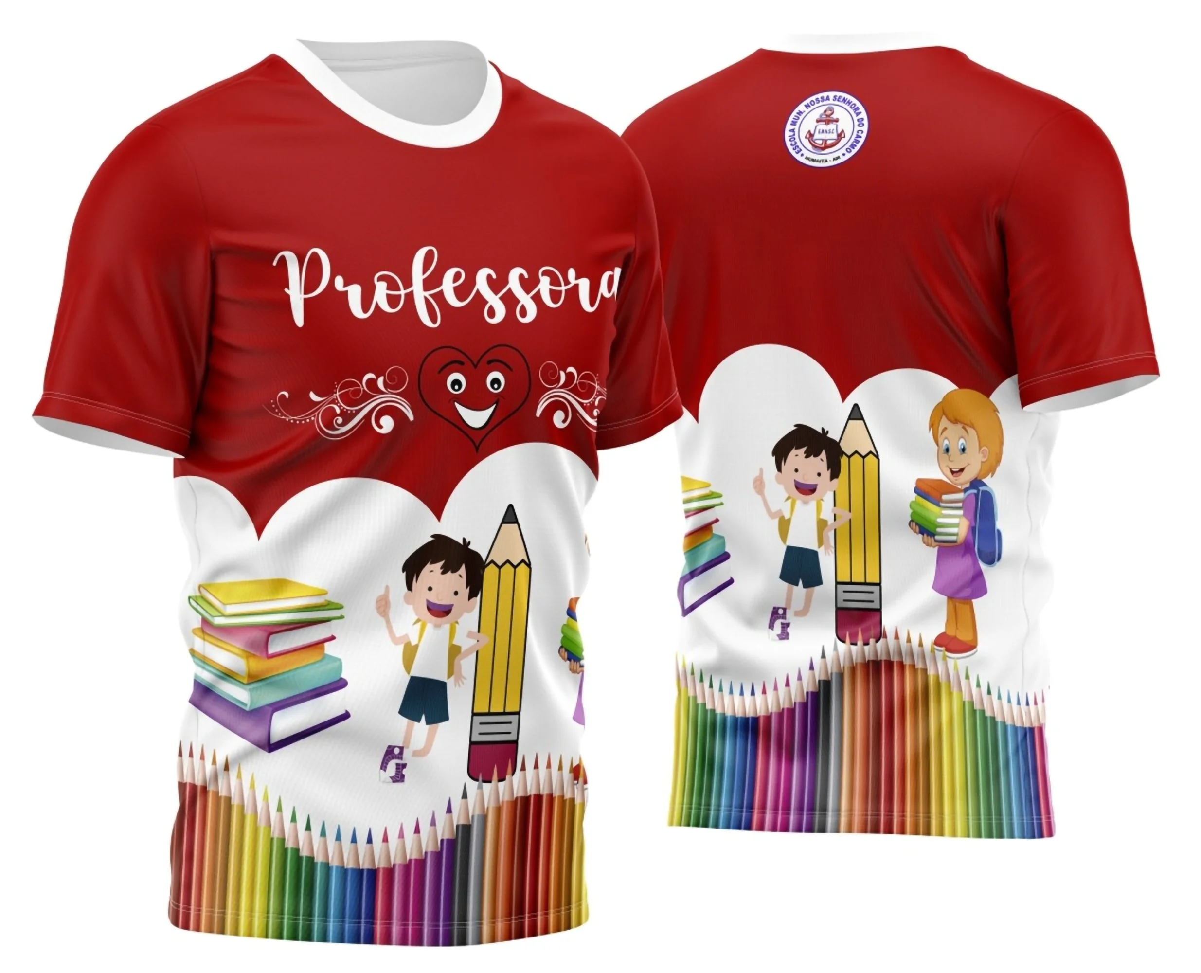 A imagem apresenta a Arte Camisa Professora | Crianças | Lápis | Vermelha, com a figura de uma professora rodeada por crianças, segurando um lápis vermelho, em um fundo branco.