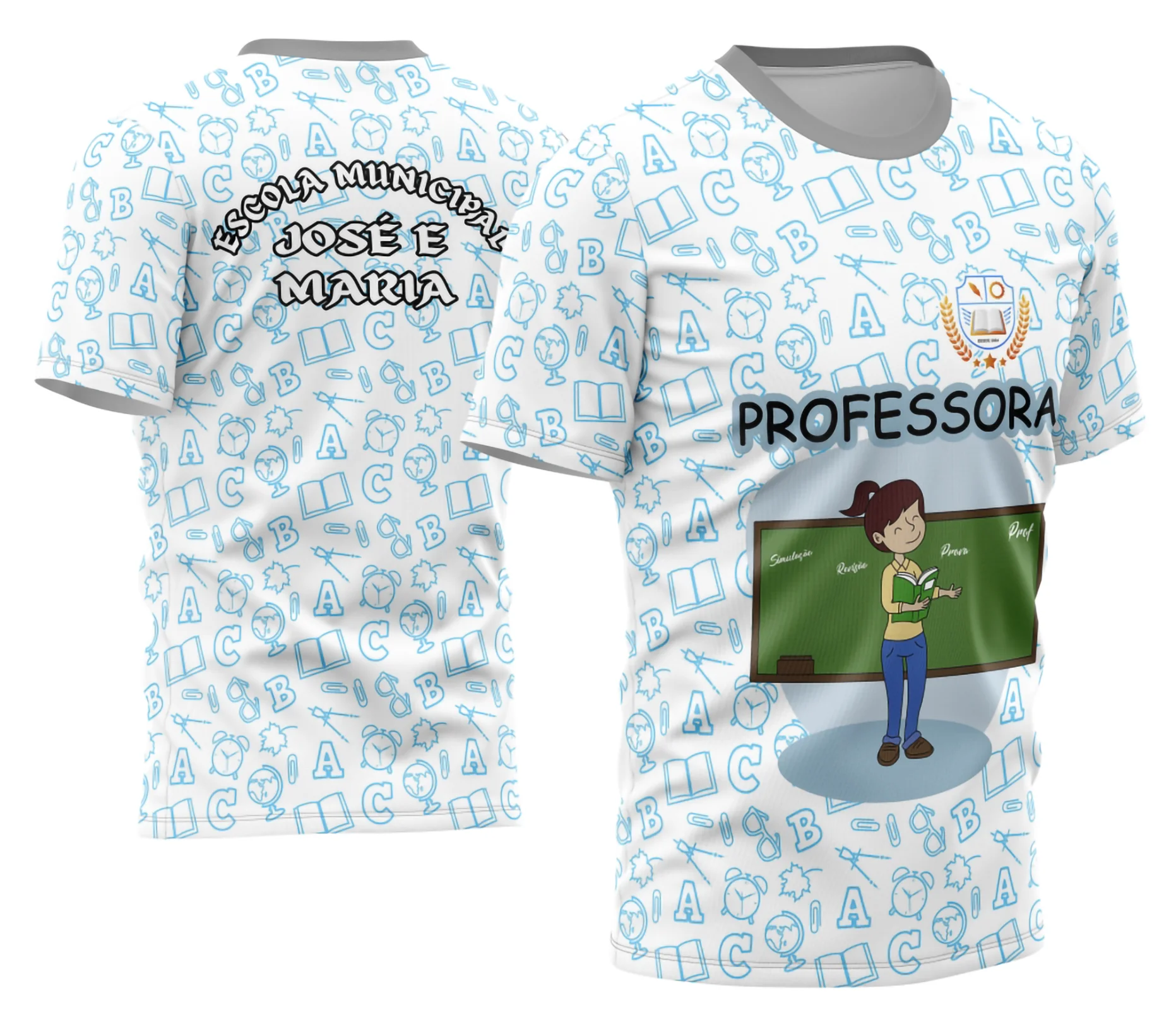 Camiseta unissex preta com logo no peito e estampa grande nas costas com tema professor, design moderno e chamativo.