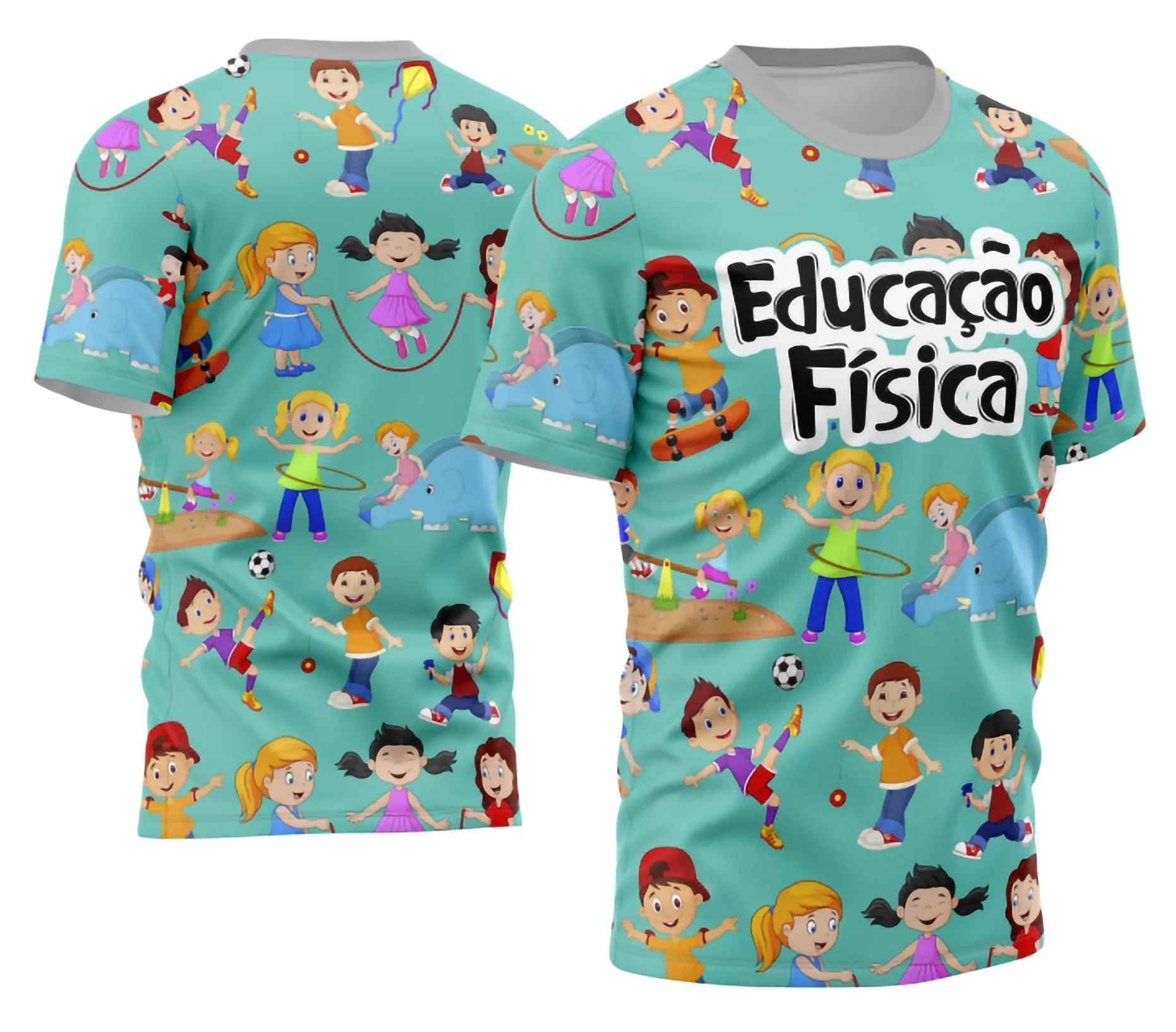 Camiseta unissex branca com logo no peito e estampa grande nas costas, tema professora personalizada, visual moderno e confortável para o dia a dia escolar.
