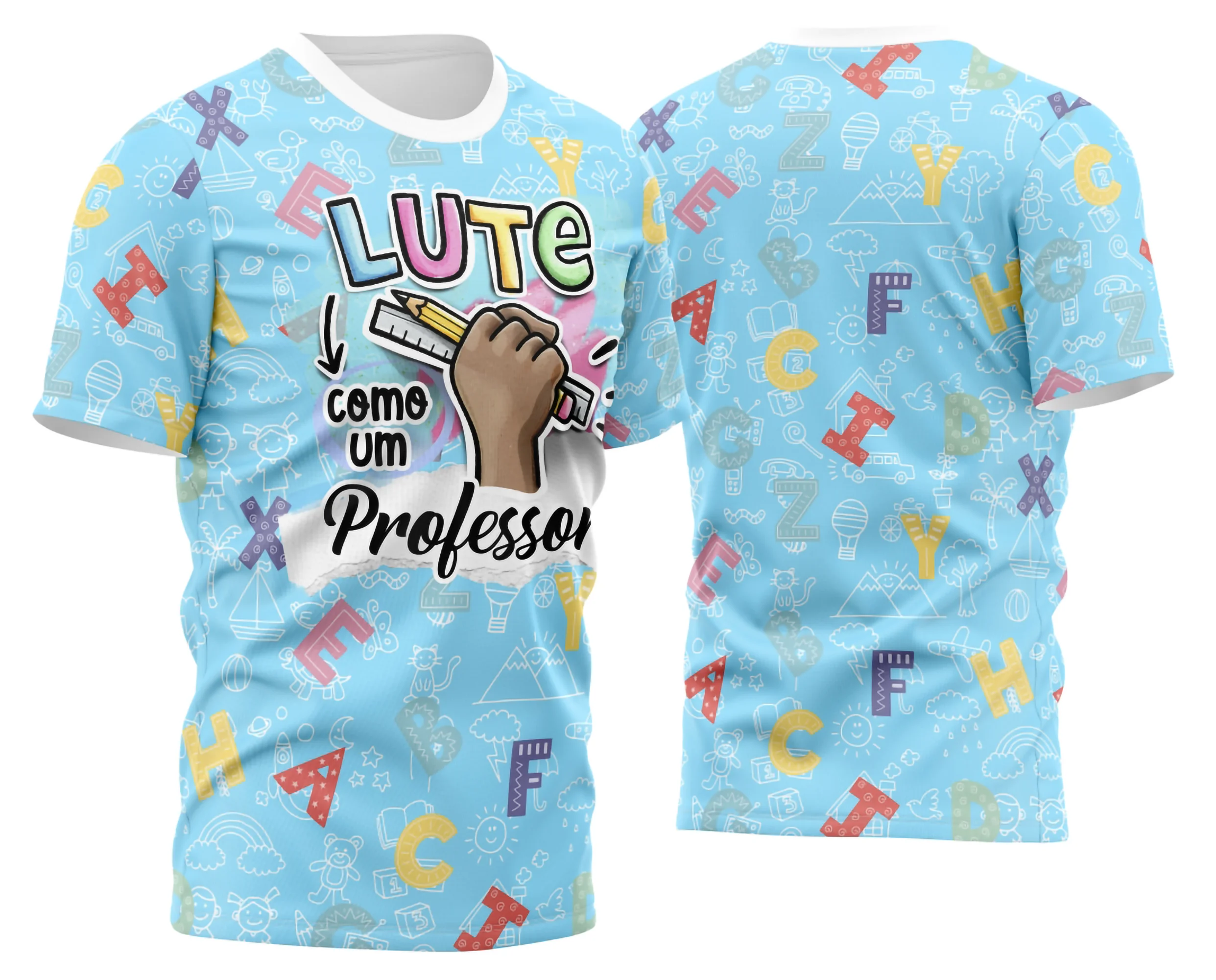 Camiseta unissex branca com logo no peito e estampa grande nas costas, temática para professores, design exclusivo e moderno, perfeita para quem ama ensinar.