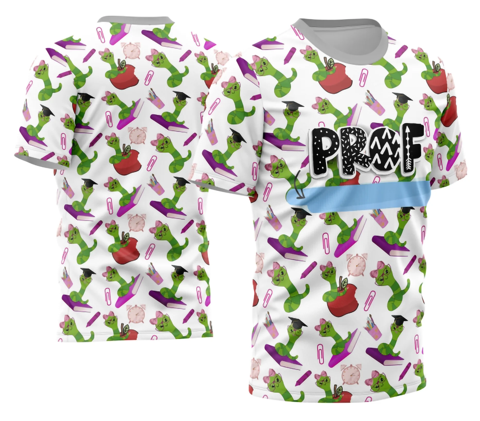 Camiseta unissex branca com logo no peito e estampa grande nas costas com design inspirado em professora, ideal para uso diário e eventos escolares.