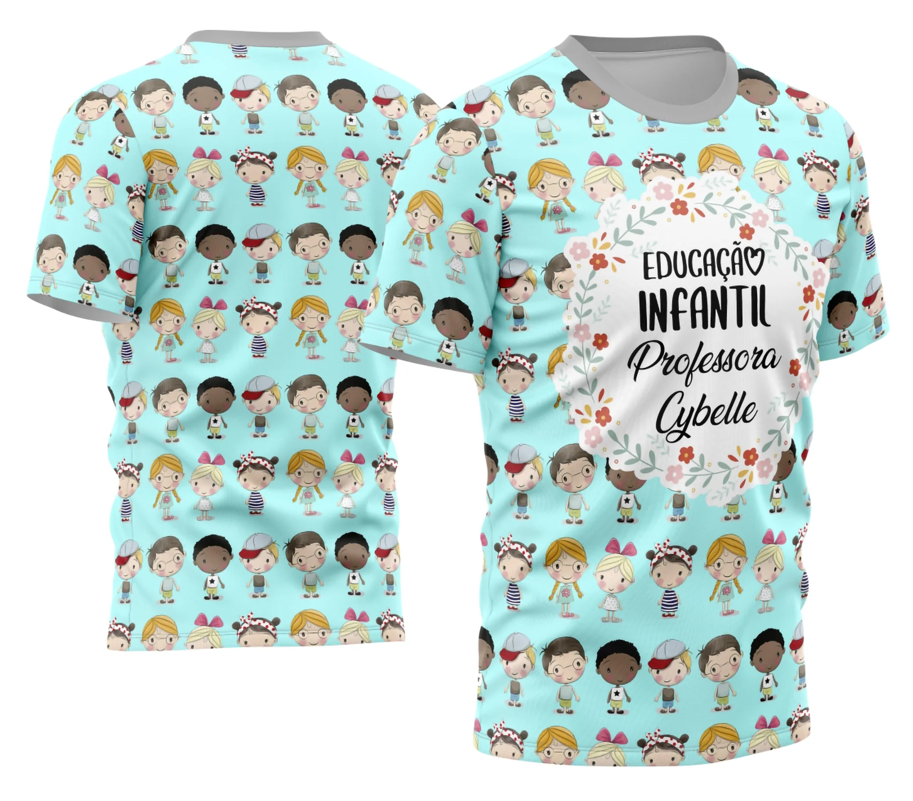 Camiseta unissex branca com logo no peito e estampa grande nas costas com tema de professora personalizada, design moderno e elegante, perfeita para uso diário ou presentes.