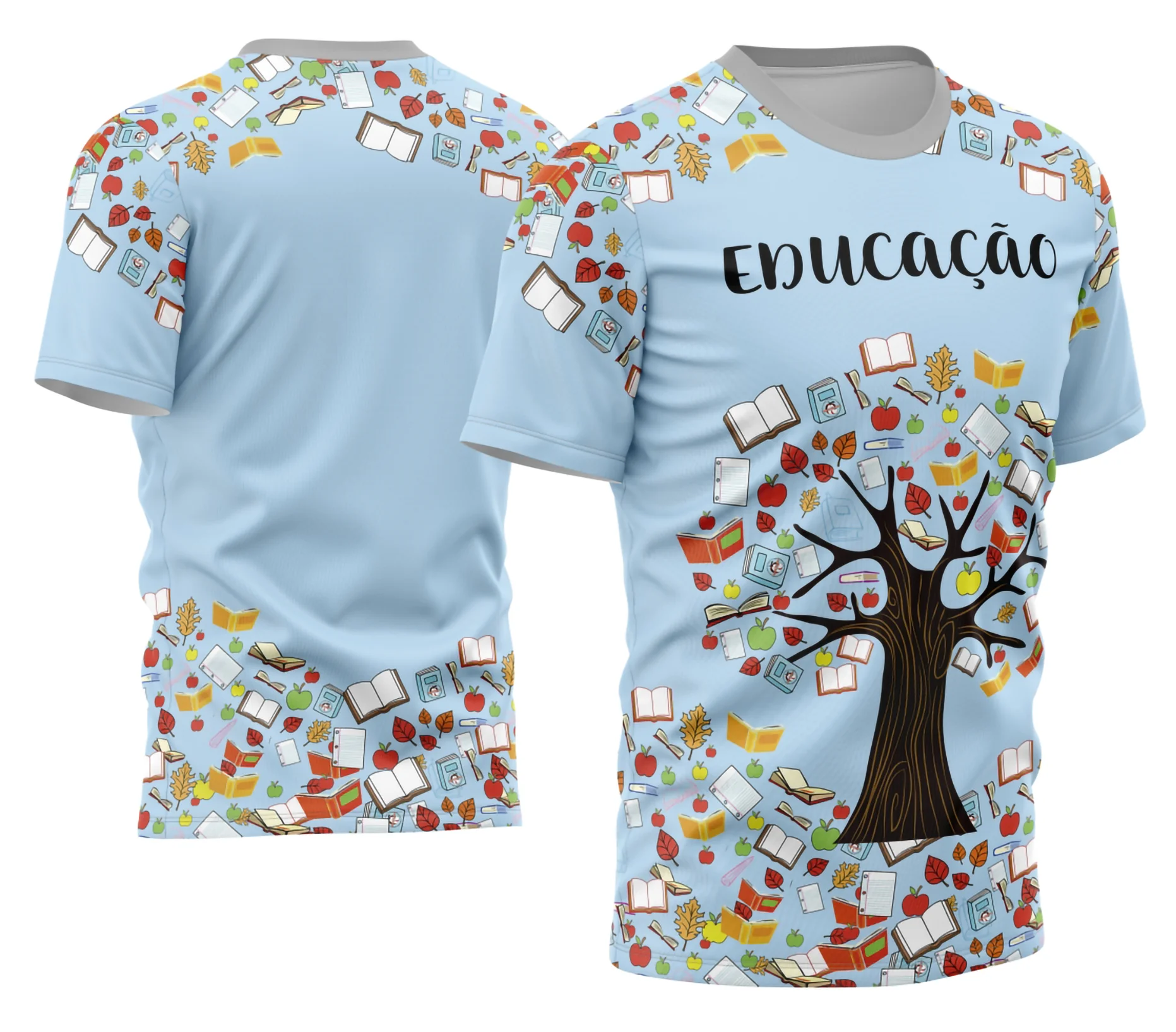 Camiseta unissex branca com logo no peito e estampa grande nas costas com tema de professora personalizada, design moderno e elegante para inspirar educadores no dia a dia.