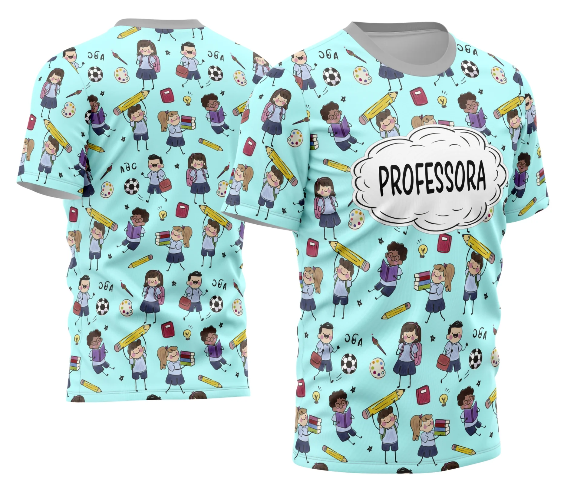 Camiseta preta unissex com logo no peito e estampa grande nas costas com tema professor personalizado, perfeita para uso diário ou presente especial.