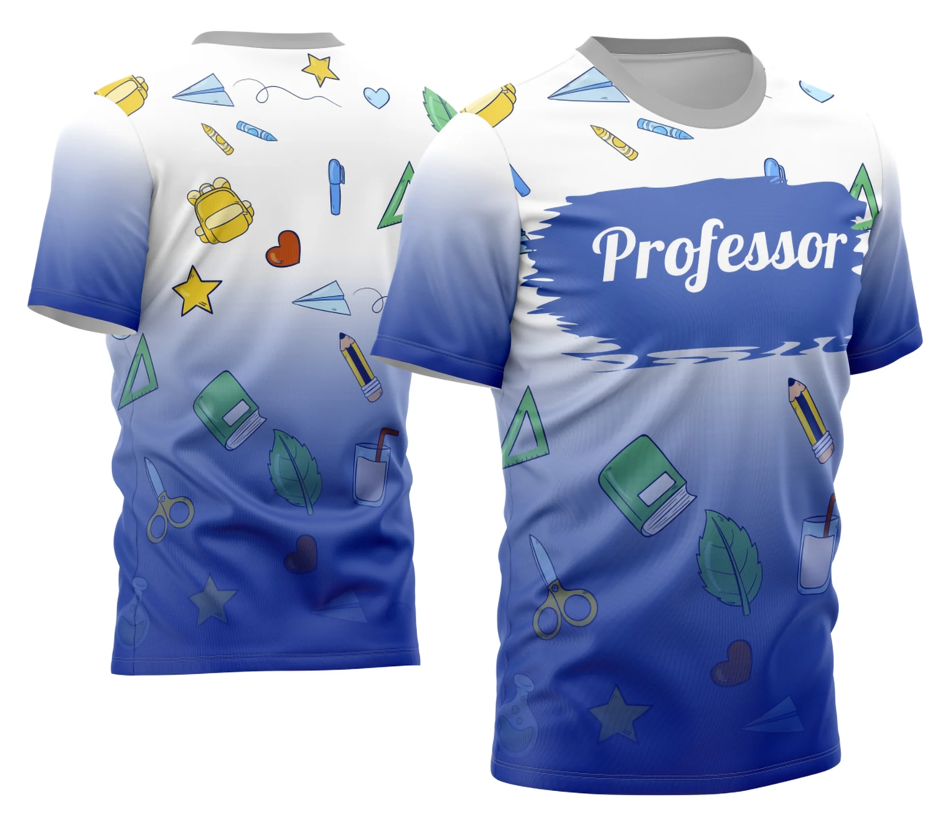 Camiseta unissex branca com logo no peito e estampa grande nas costas, tema professoras, ideal para uso diário ou eventos escolares.