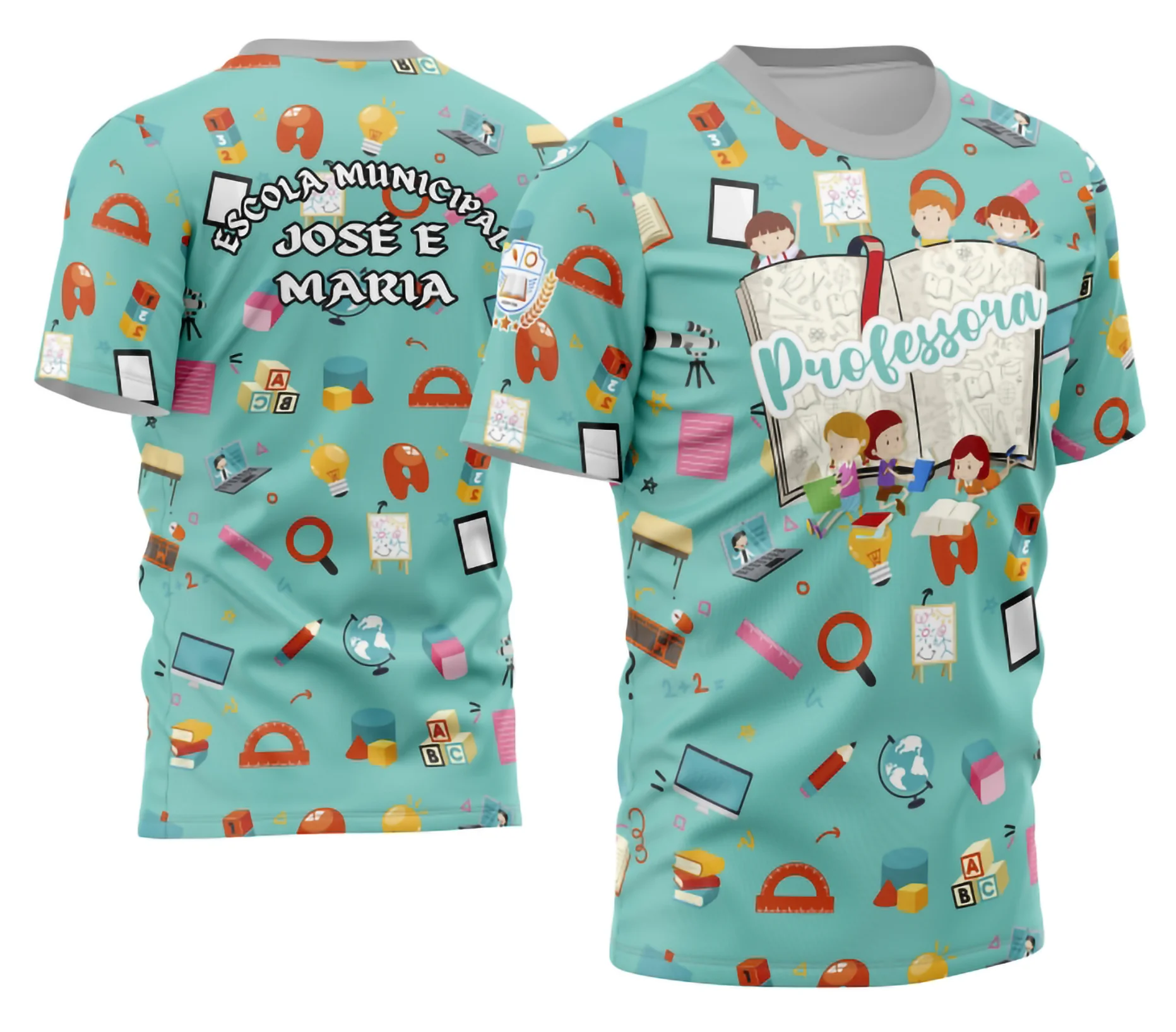 Camiseta unissex branca com logo no peito e estampa grande nas costas com design personalizado para professora, destacando identidade e estilo único, perfeita para uso diário e eventos escolares.