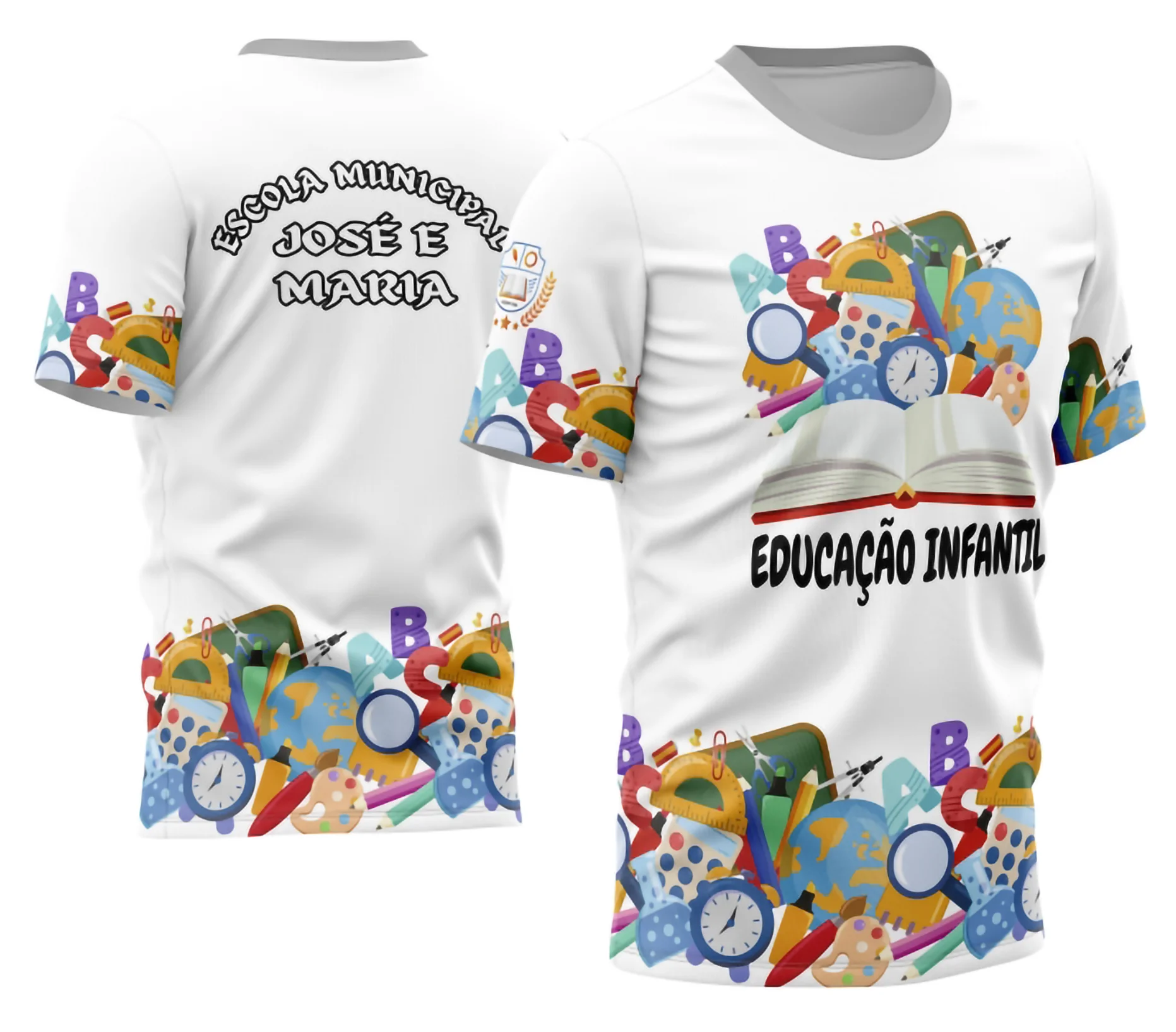 Camiseta unissex branca com logo no peito e estampa grande nas costas, tema professora personalizada, perfeita para usar em reuniões e eventos escolares.