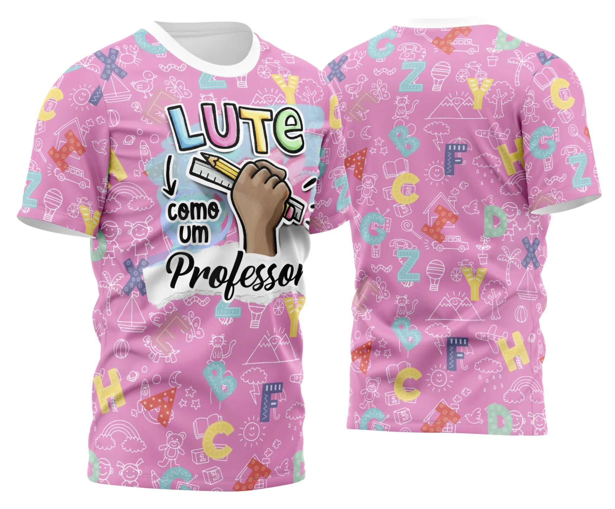 Camiseta unissex branca com logo no peito e estampa grande nas costas com tema professora, ideal para educadores que querem estilo e conforto no dia a dia.