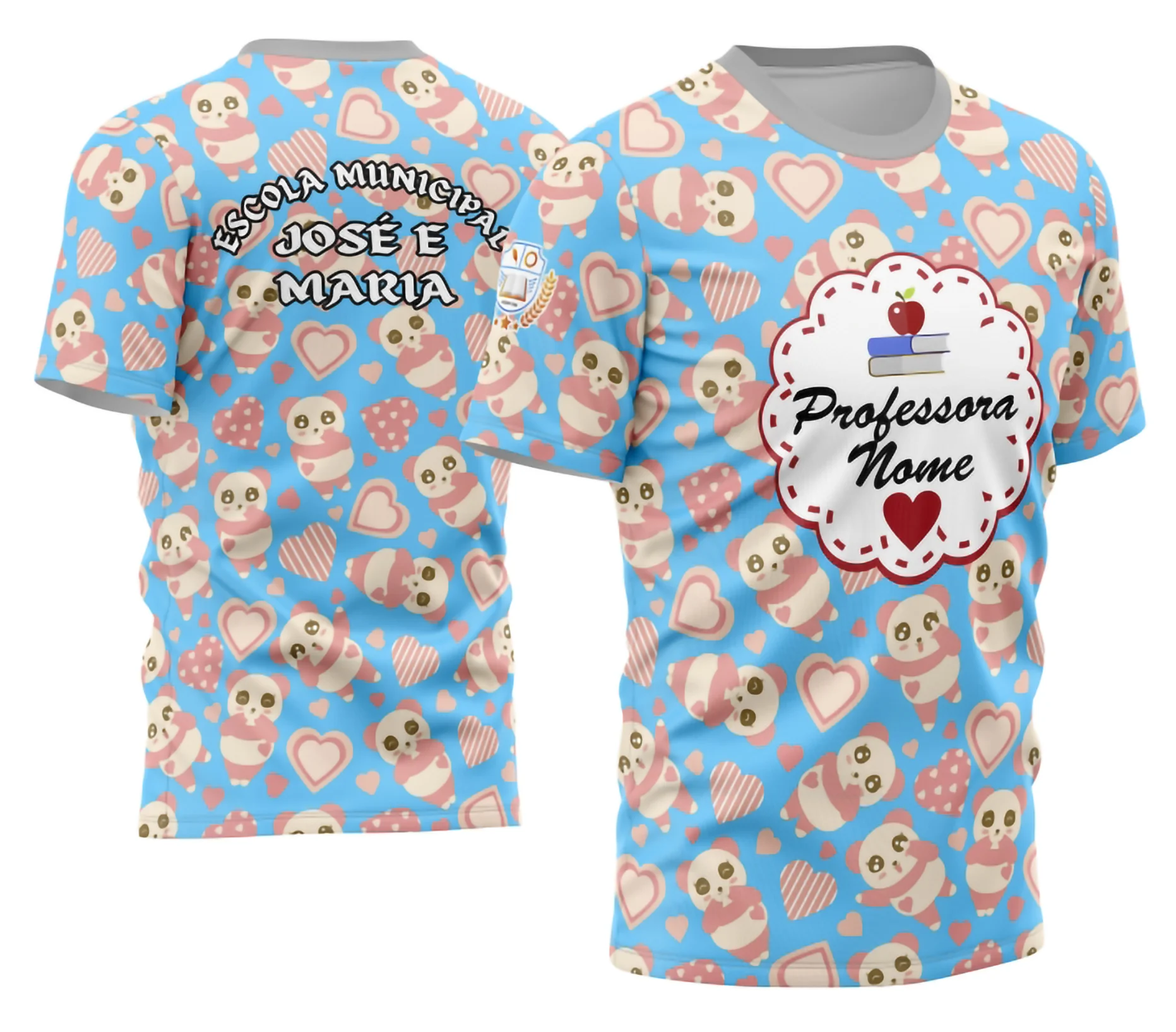 Camiseta unissex branca com logo no peito e estampa grande nas costas destacando o tema professora personalizada, ideal para uso casual ou eventos escolares.