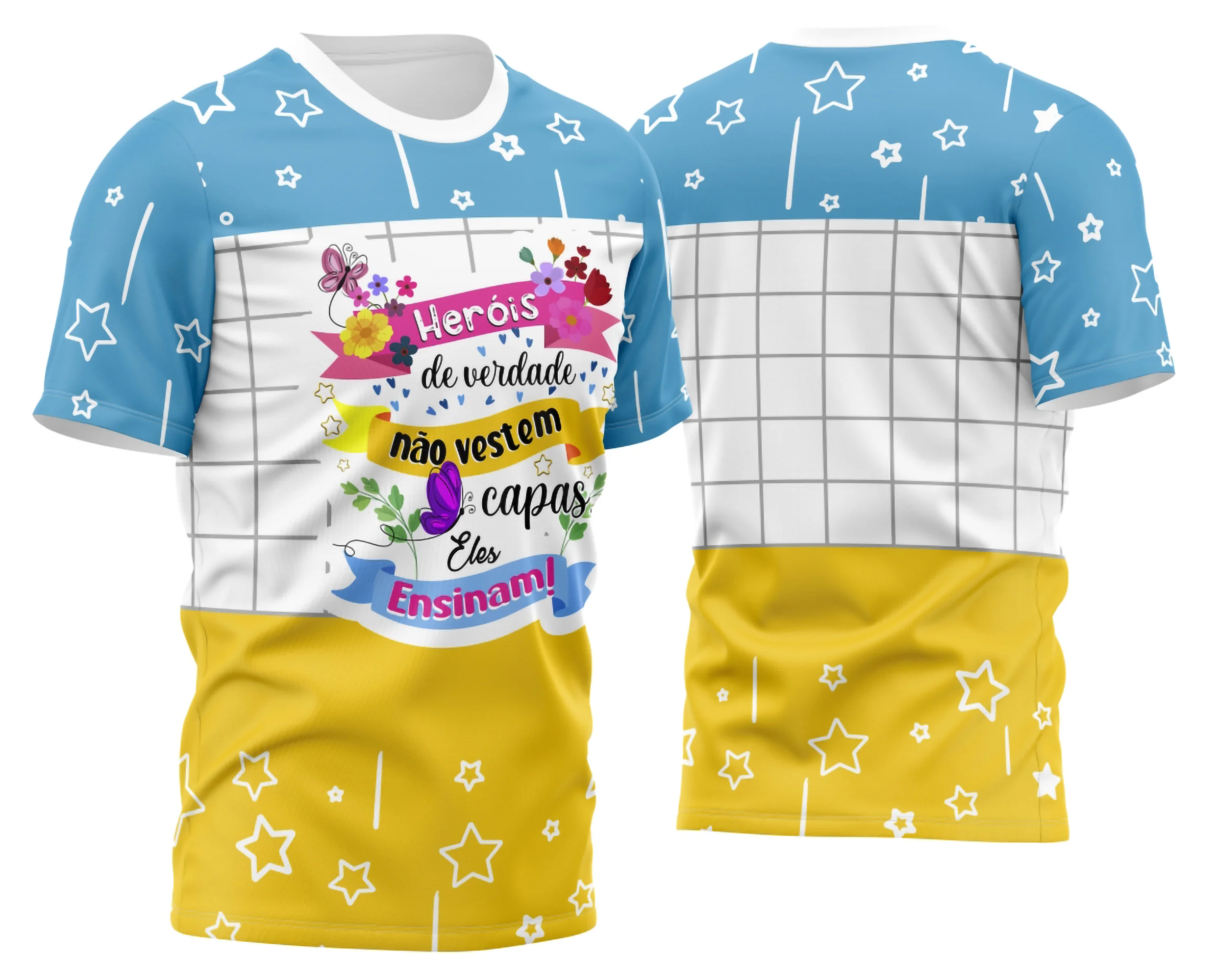 Camiseta unissex branca com logo no peito e estampa grande nas costas com tema Professora Personalizada, ideal para professores que valorizam estilo e personalidade no dia a dia.