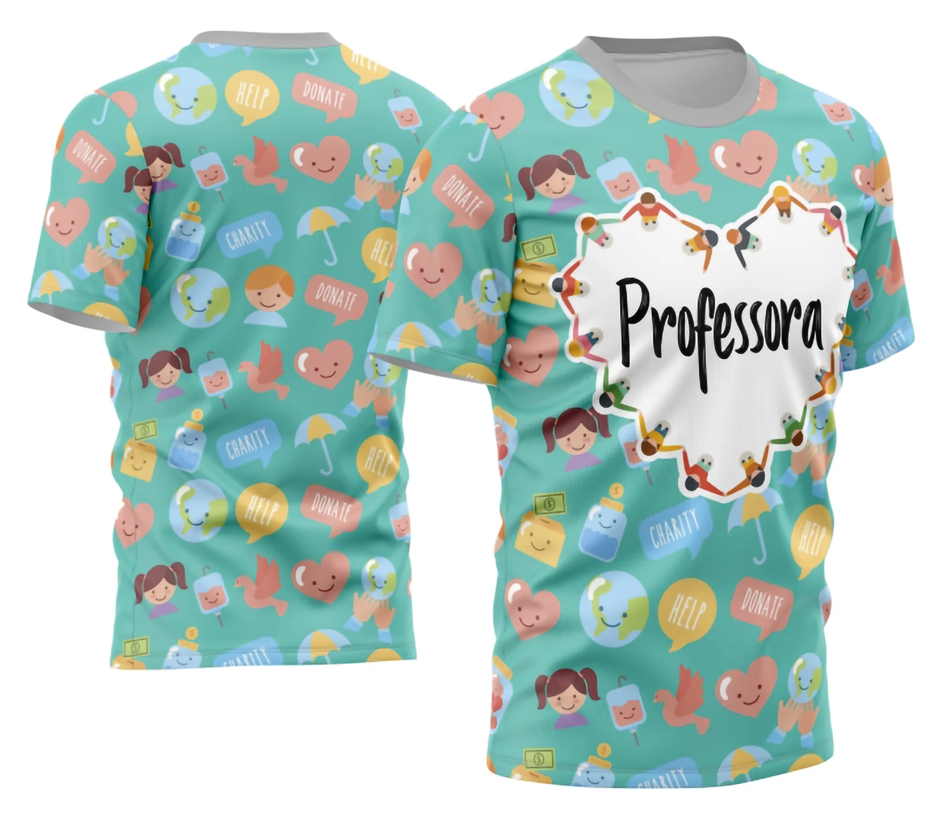 Camiseta unissex branca com logo no peito e estampa grande nas costas temática para professora personalizada, ideal para uso diário ou presente especial.