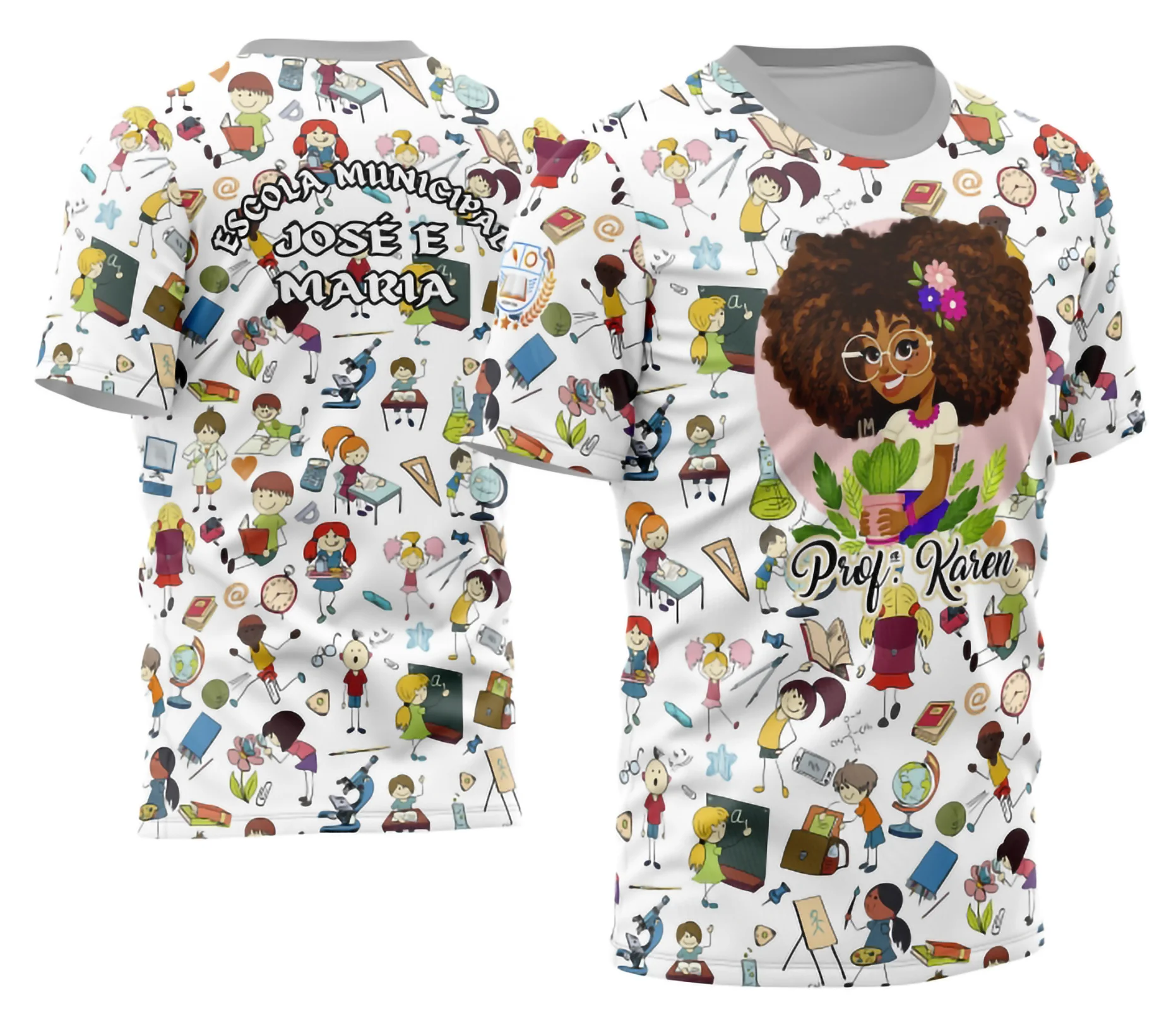 Camiseta unissex branca com logo no peito e estampa grande nas costas com tema Professora Personalizada, mostrando design moderno e confortável para o dia a dia escolar.