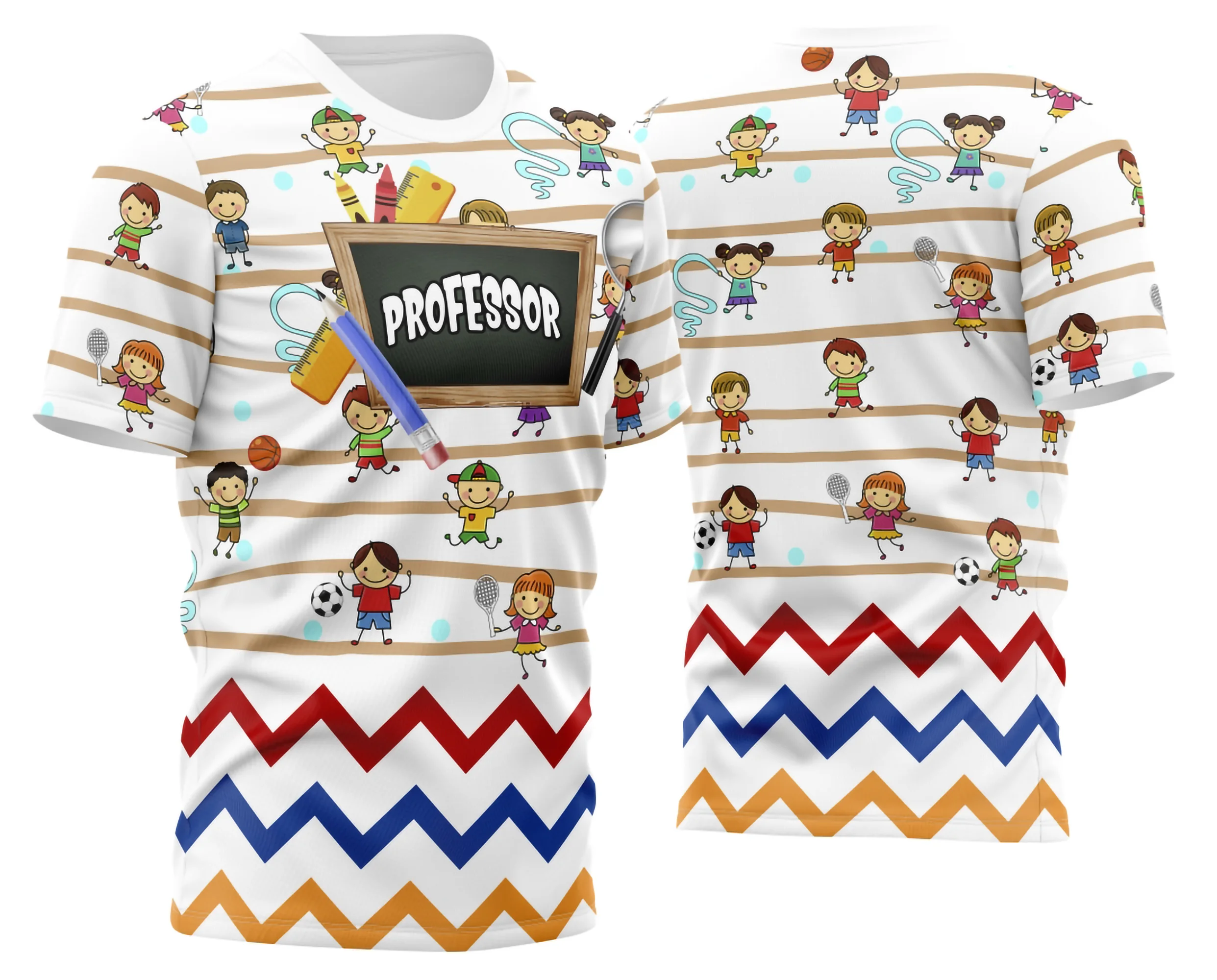 Camiseta unissex branca com logo no peito e estampa grande nas costas com design exclusivo para professora personalizada, ideal para uso diário ou eventos escolares.