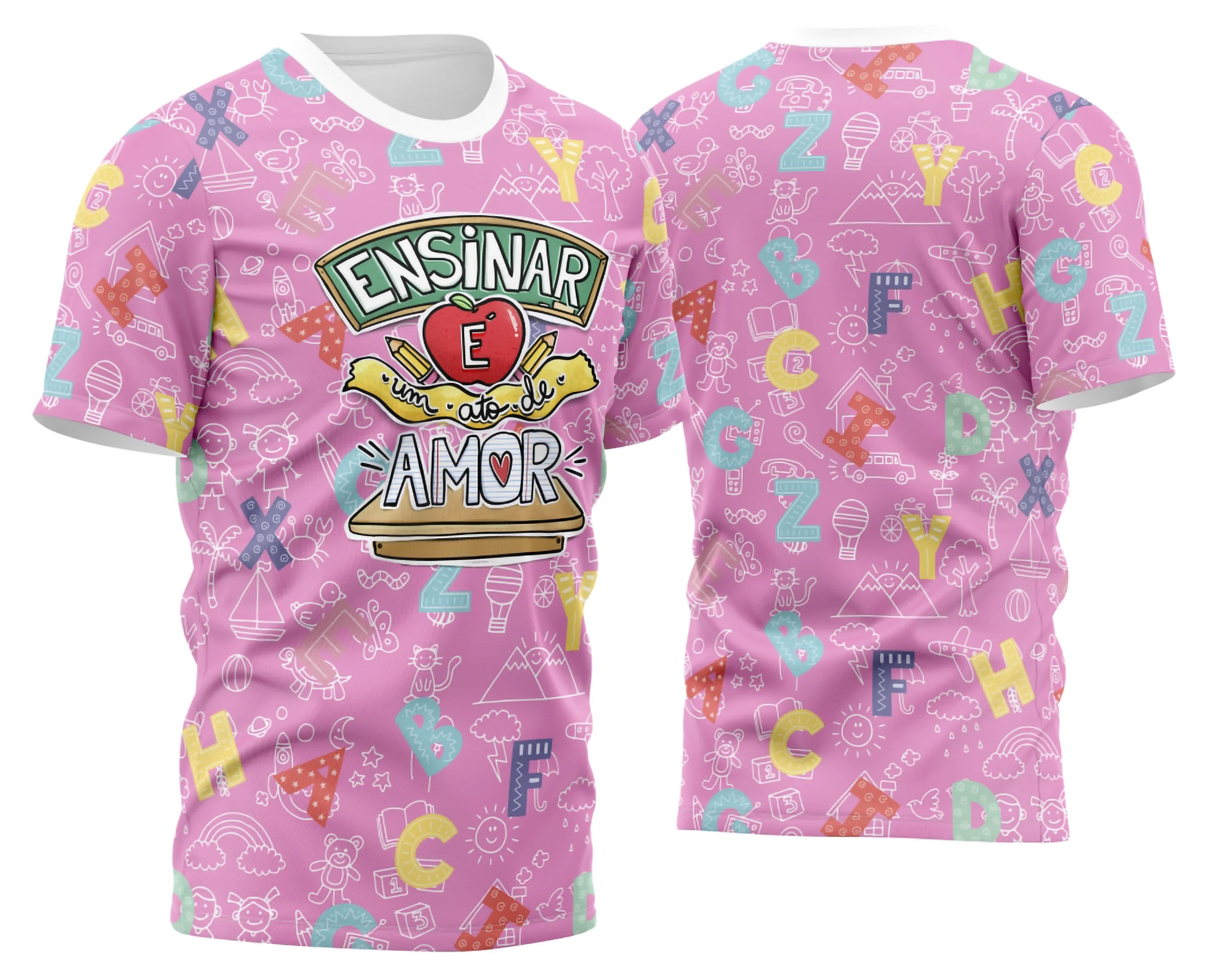 Camiseta unissex branca com logo no peito e estampa grande nas costas com tema de professora personalizada, ideal para uso diário e presentes especiais.