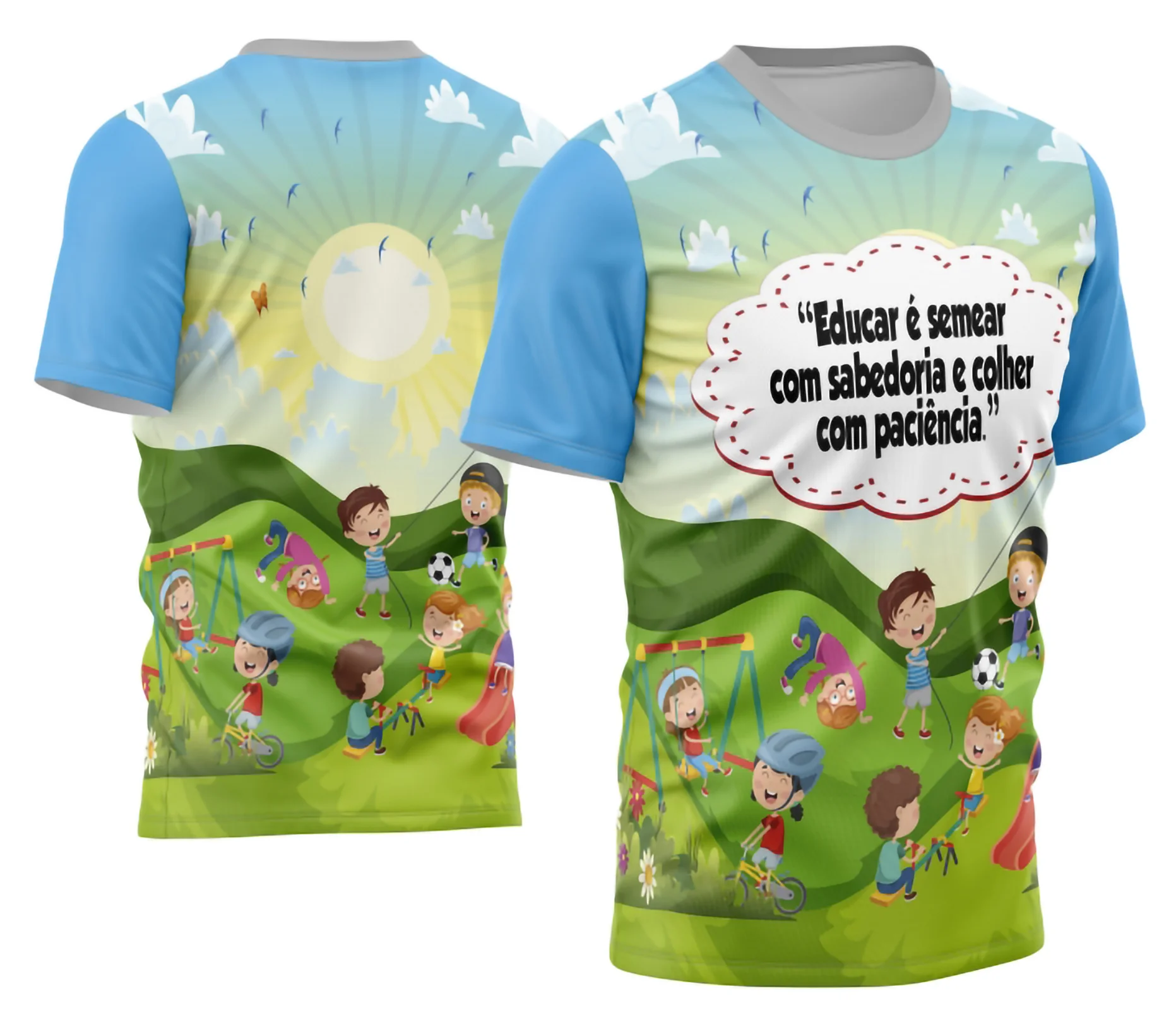 Camiseta unissex branca com logo no peito e estampa grande nas costas mostrando tema de professora personalizada, ideal para quem busca estilo e identificação na escola.