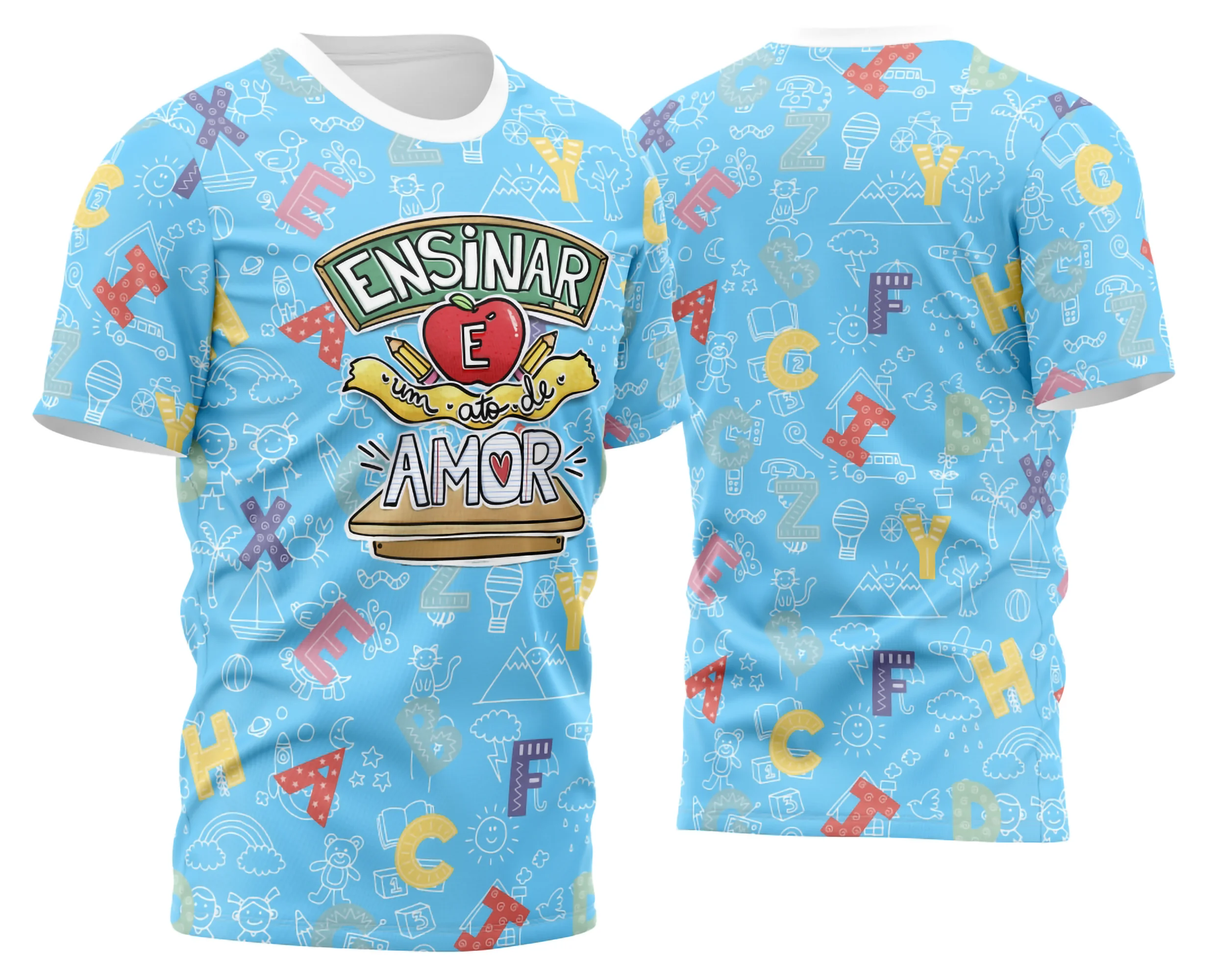 Camiseta unissex branca com logo no peito e estampa grande nas costas com design dedicado para professoras, ideal para ocasiões especiais e uso diário, destacando o orgulho da profissão.