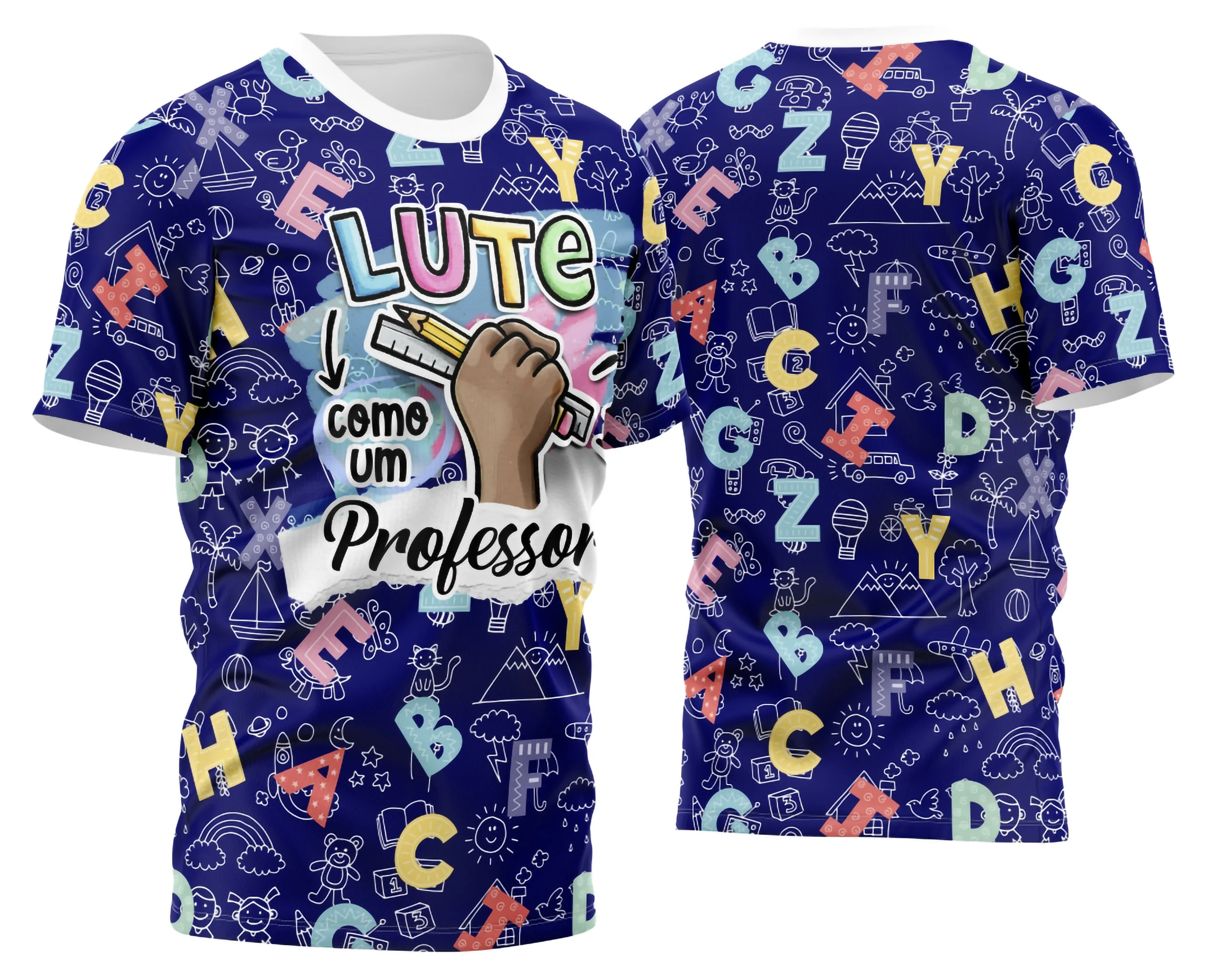 Camiseta unissex branca com logo no peito e estampa grande nas costas com tema para professora, ideal para uso casual e profissional.