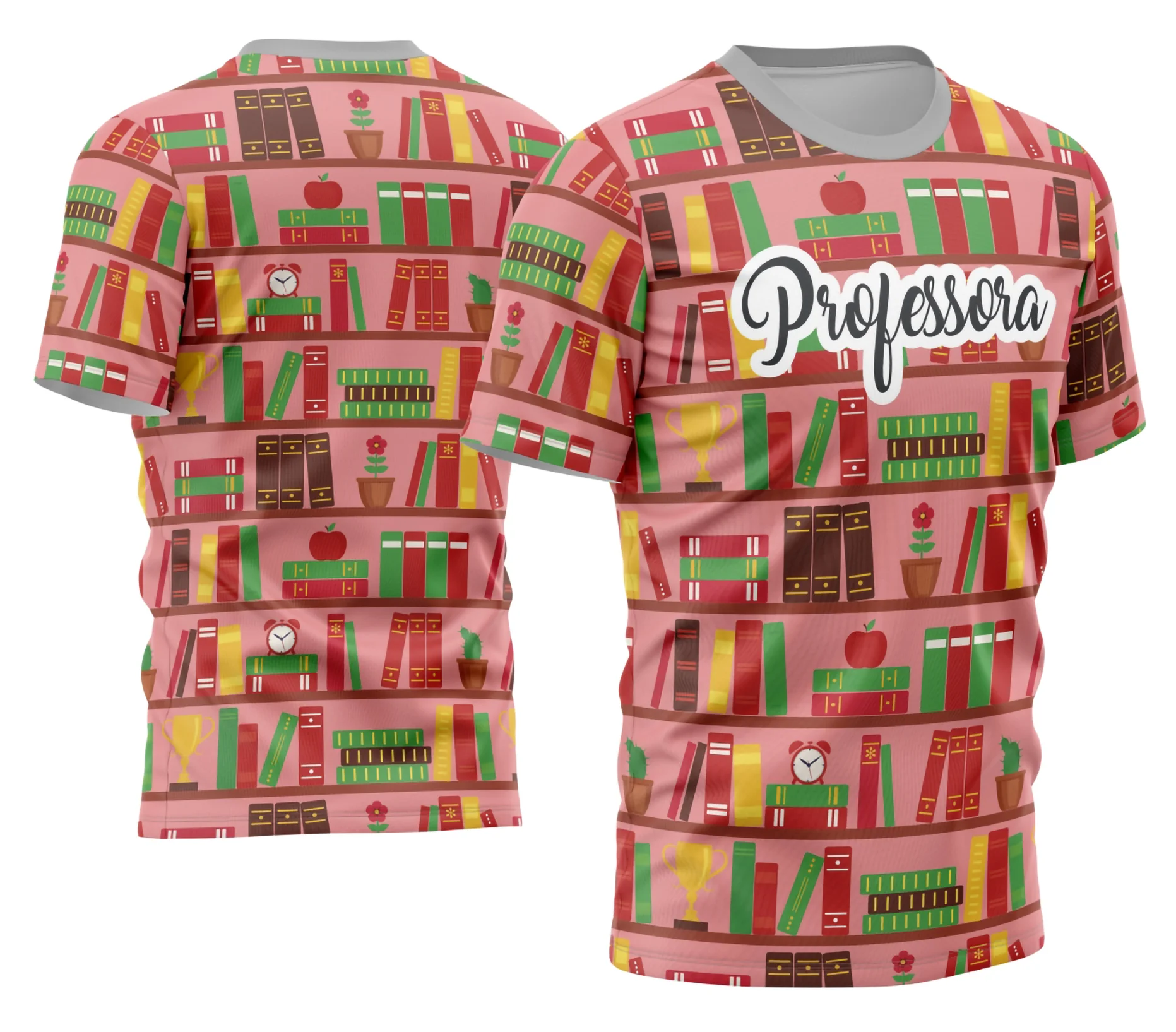 Camiseta unissex branca com logo no peito e estampa grande nas costas com tema de professora personalizada, ideal para usar em ambiente escolar ou eventos educativos.