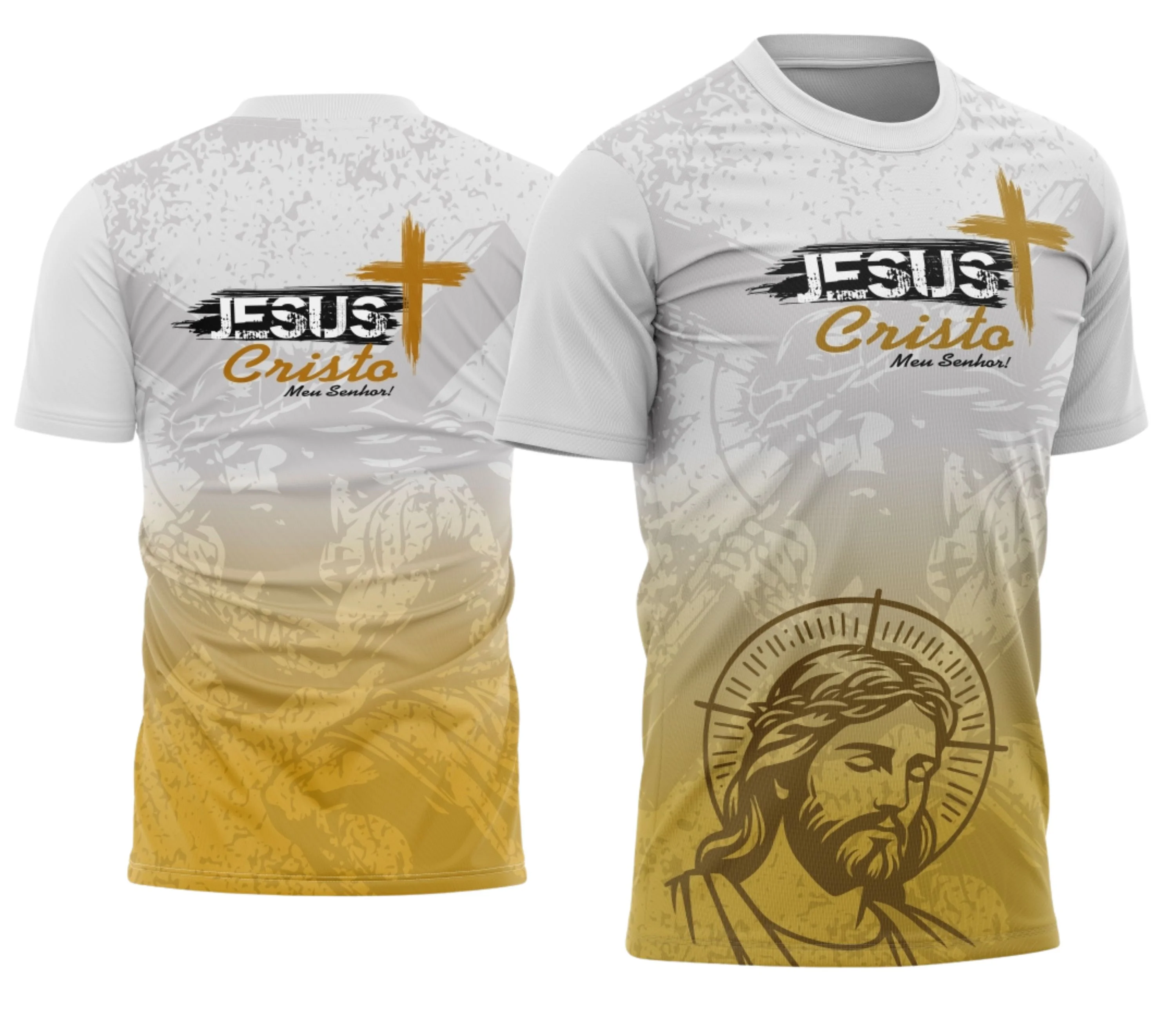 Imagem mostrando uma camisa com logo no peito e estampa grande nas costas, destacando Jesus Cristo de forma imponente e inspiradora, transmitindo fé e devoção com design marcante e elegante.