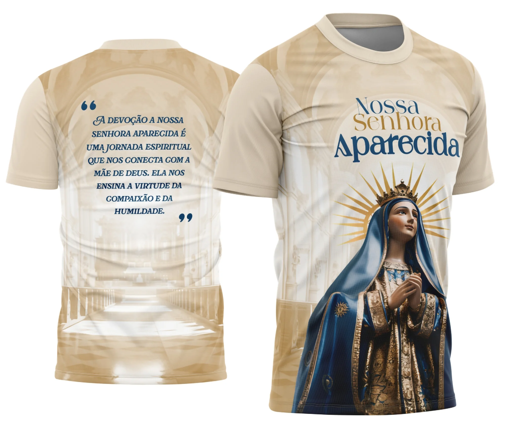 Camisa com logo no peito de Nossa Senhora Aparecida e estampa grande nas costas destacando detalhes religiosos em cores vibrantes, perfeita para expressar fé e devoção com estilo elegante.