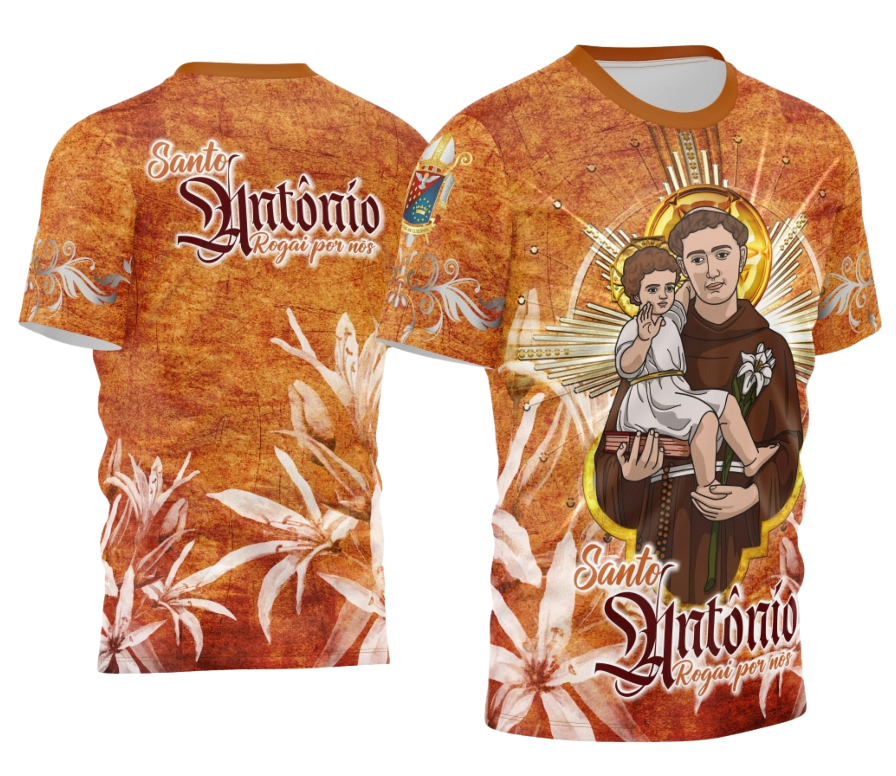 Camisa com logo no peito apresentando símbolo religioso e estampa grande nas costas com imagem detalhada de São Antônio em pose tradicional, cores vibrantes e estilo devocional marcante.