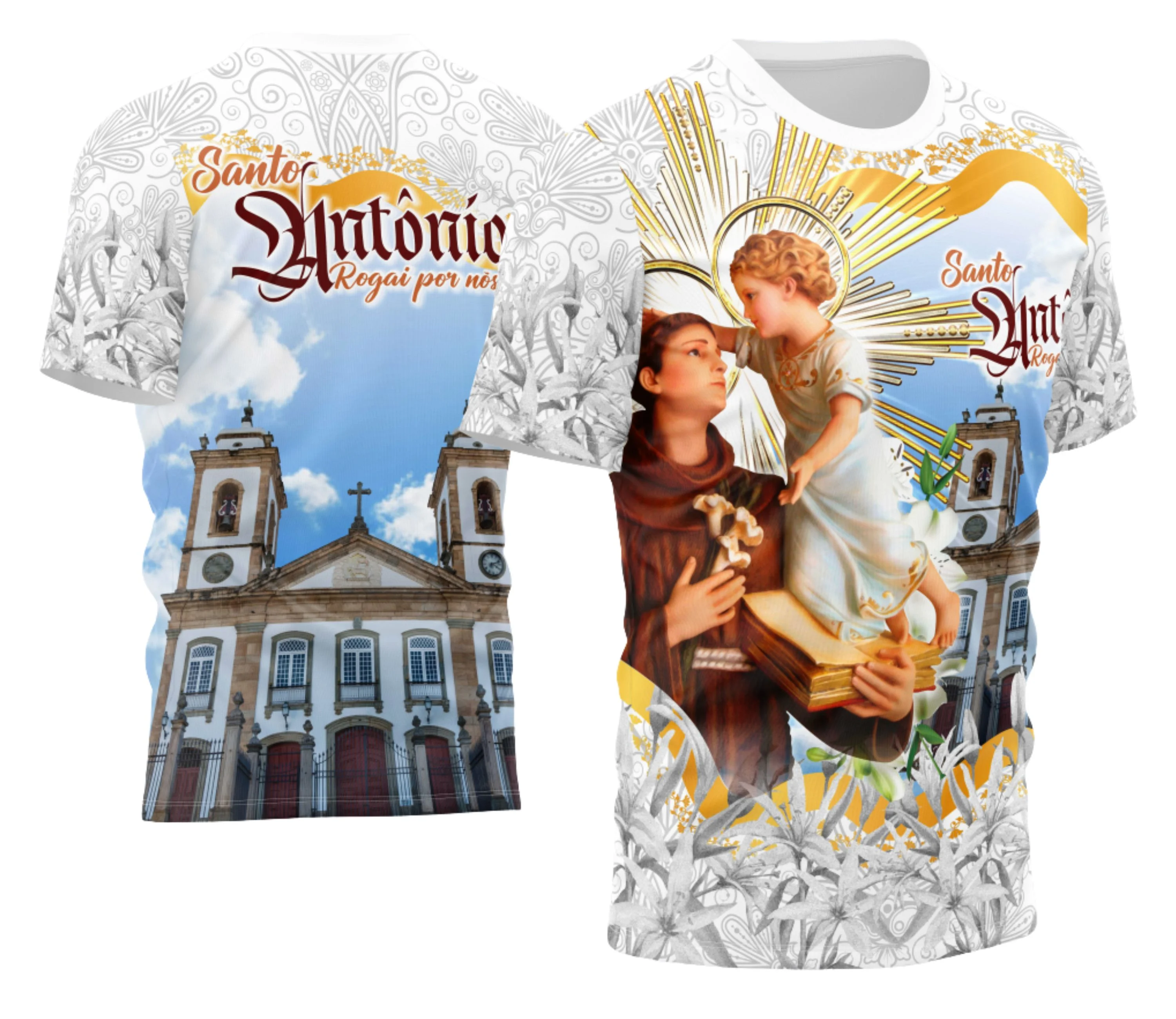 Camiseta unissex preta com logo no peito e estampa grande nas costas inspirada em Santo Antônio, ideal para 2026, estilo devocional moderno e elegante.